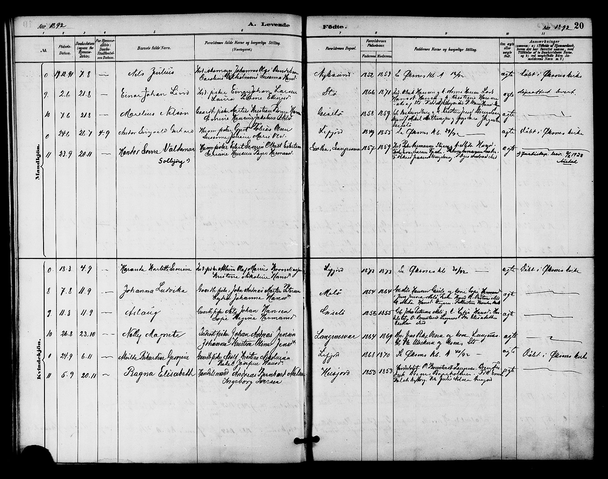 Ministerialprotokoller, klokkerbøker og fødselsregistre - Nordland, SAT/A-1459/894/L1355: Parish register (official) no. 894A01, 1885-1896, p. 20