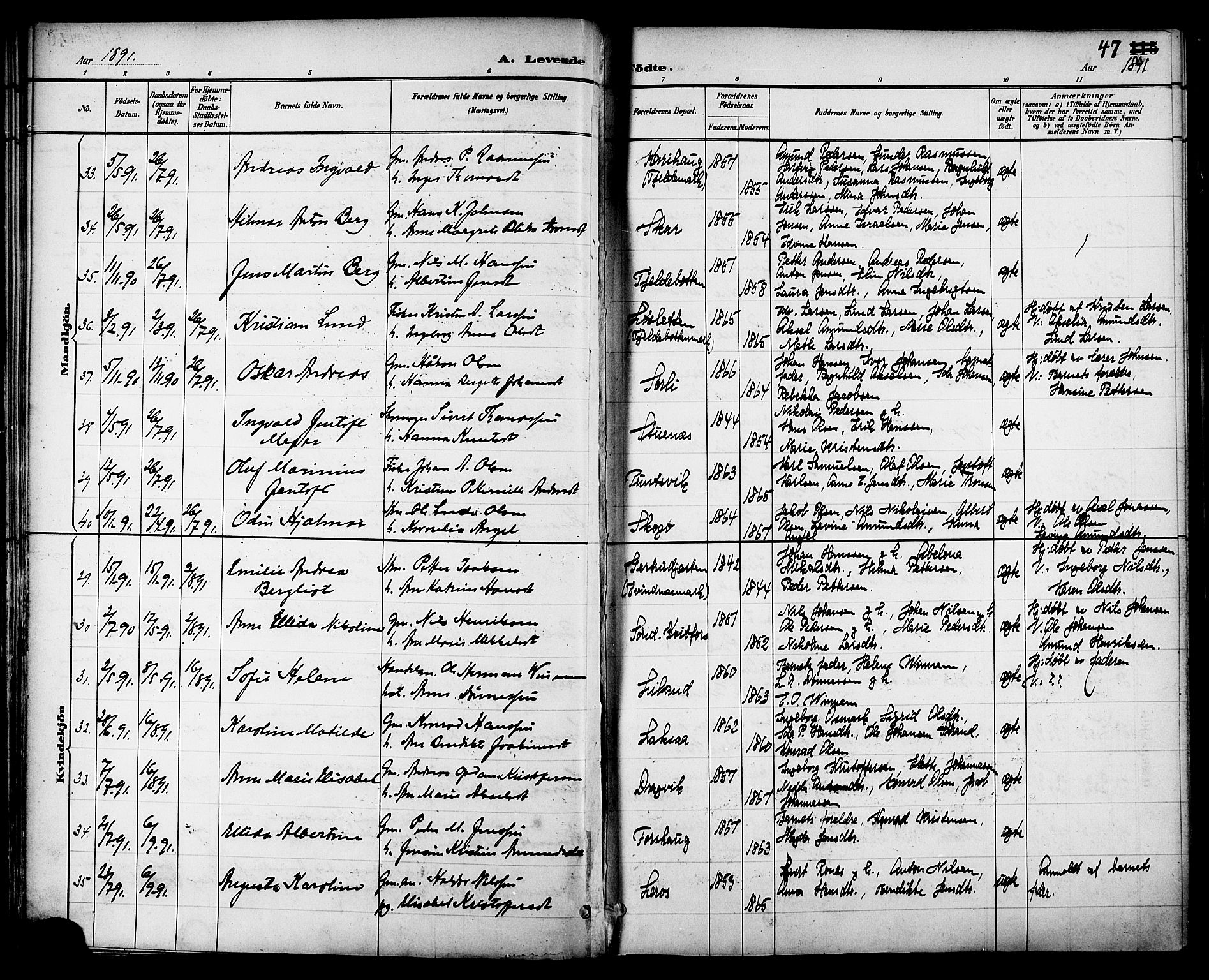Ministerialprotokoller, klokkerbøker og fødselsregistre - Nordland, SAT/A-1459/863/L0898: Parish register (official) no. 863A10, 1886-1897, p. 47