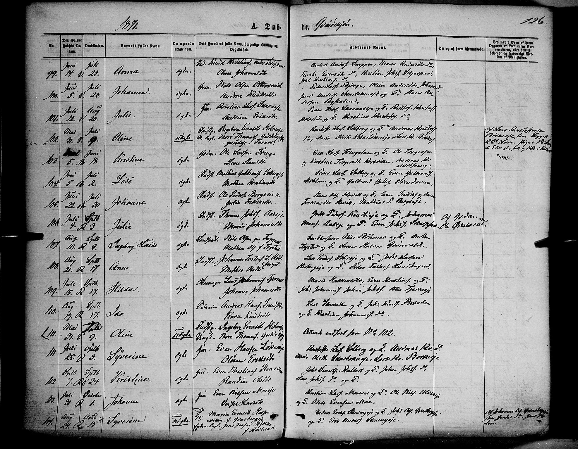 Ringsaker prestekontor, AV/SAH-PREST-014/K/Ka/L0011: Parish register (official) no. 11, 1870-1878, p. 126