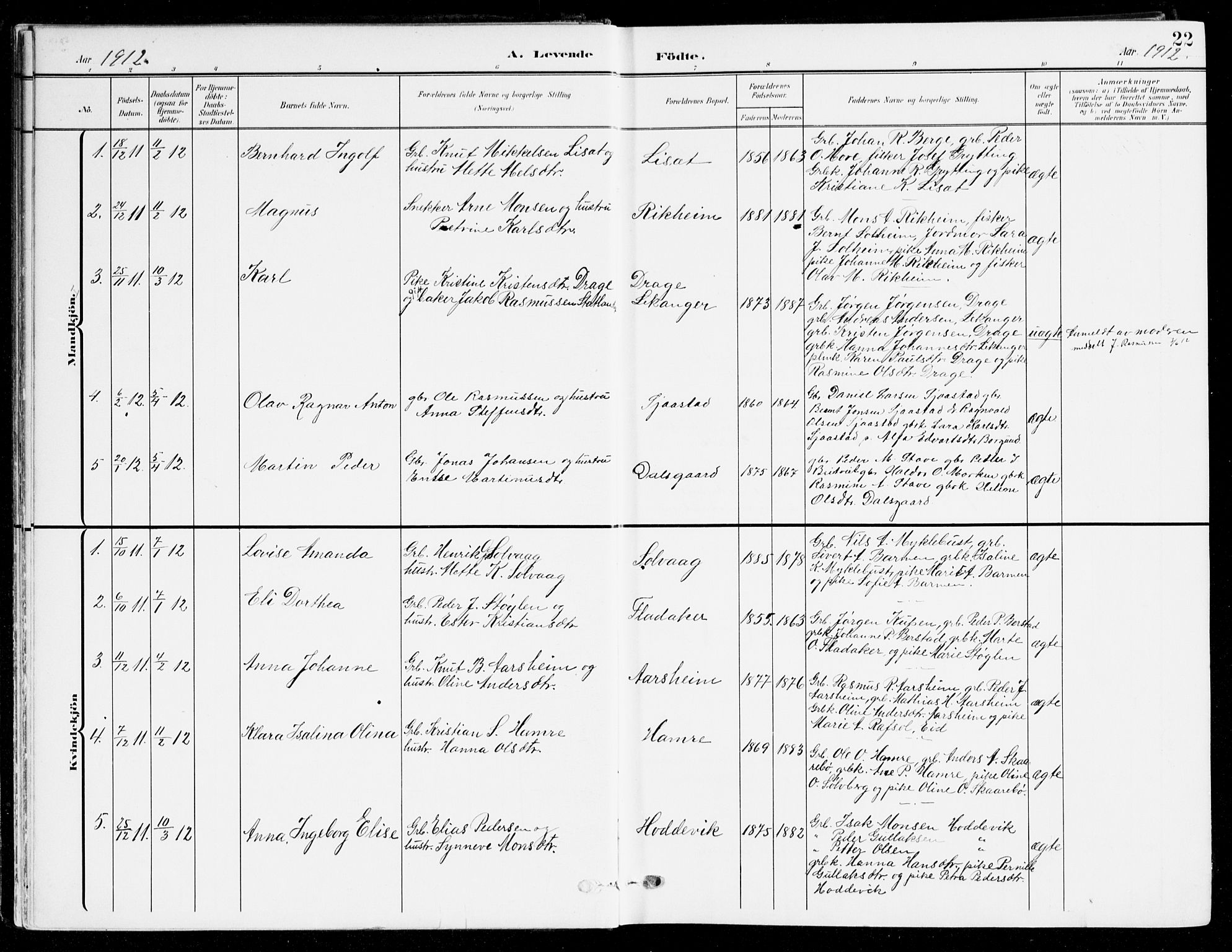 Selje sokneprestembete, SAB/A-99938/H/Ha/Haa/Haab: Parish register (official) no. B 3, 1908-1923, p. 22