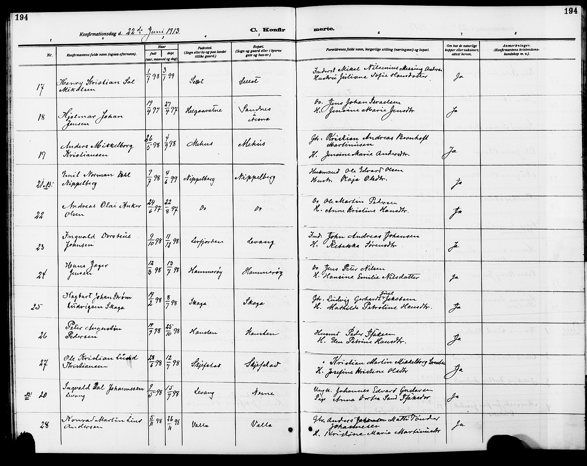 Ministerialprotokoller, klokkerbøker og fødselsregistre - Nordland, AV/SAT-A-1459/838/L0560: Parish register (copy) no. 838C07, 1910-1928, p. 194