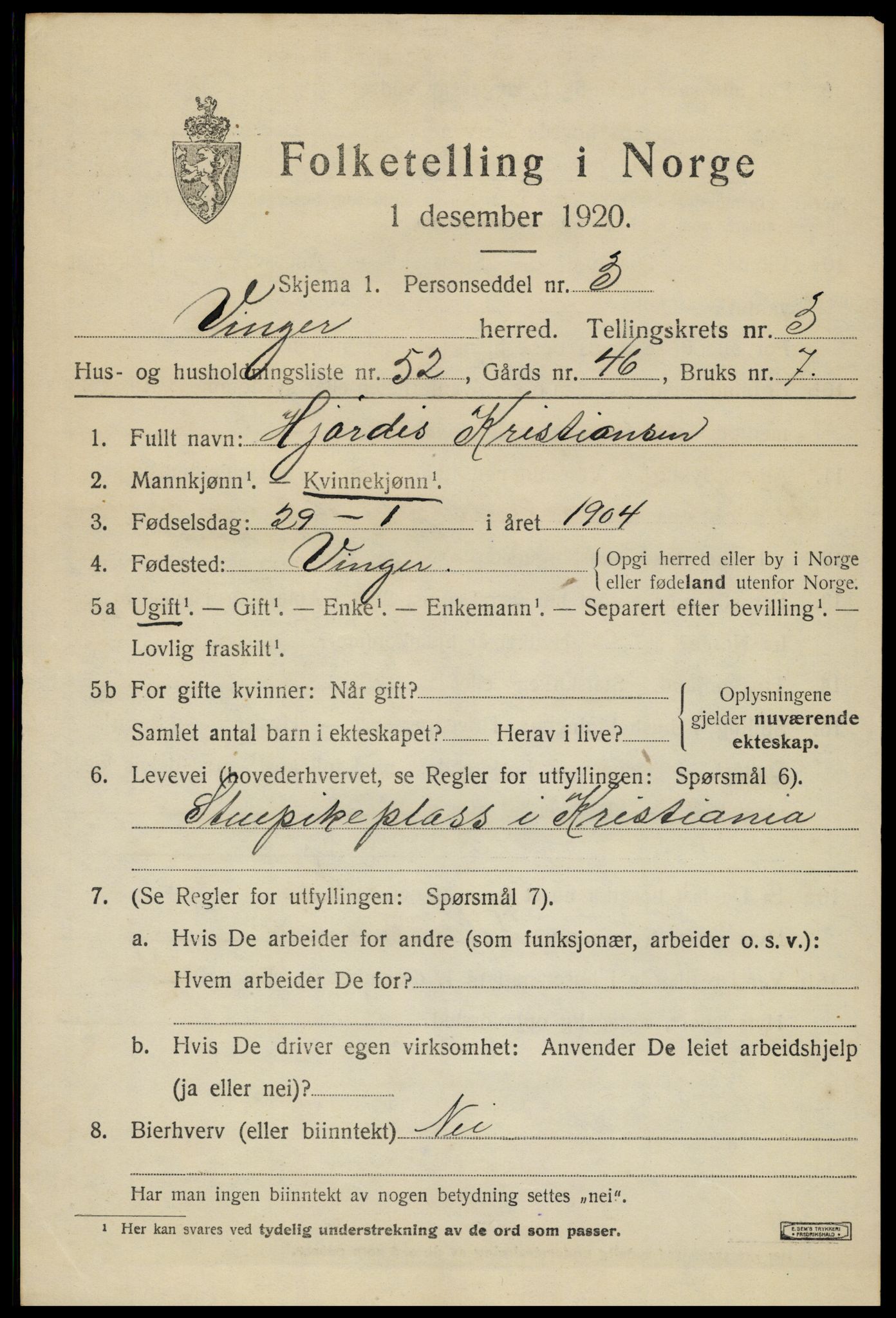 SAH, 1920 census for Vinger, 1920, p. 5224