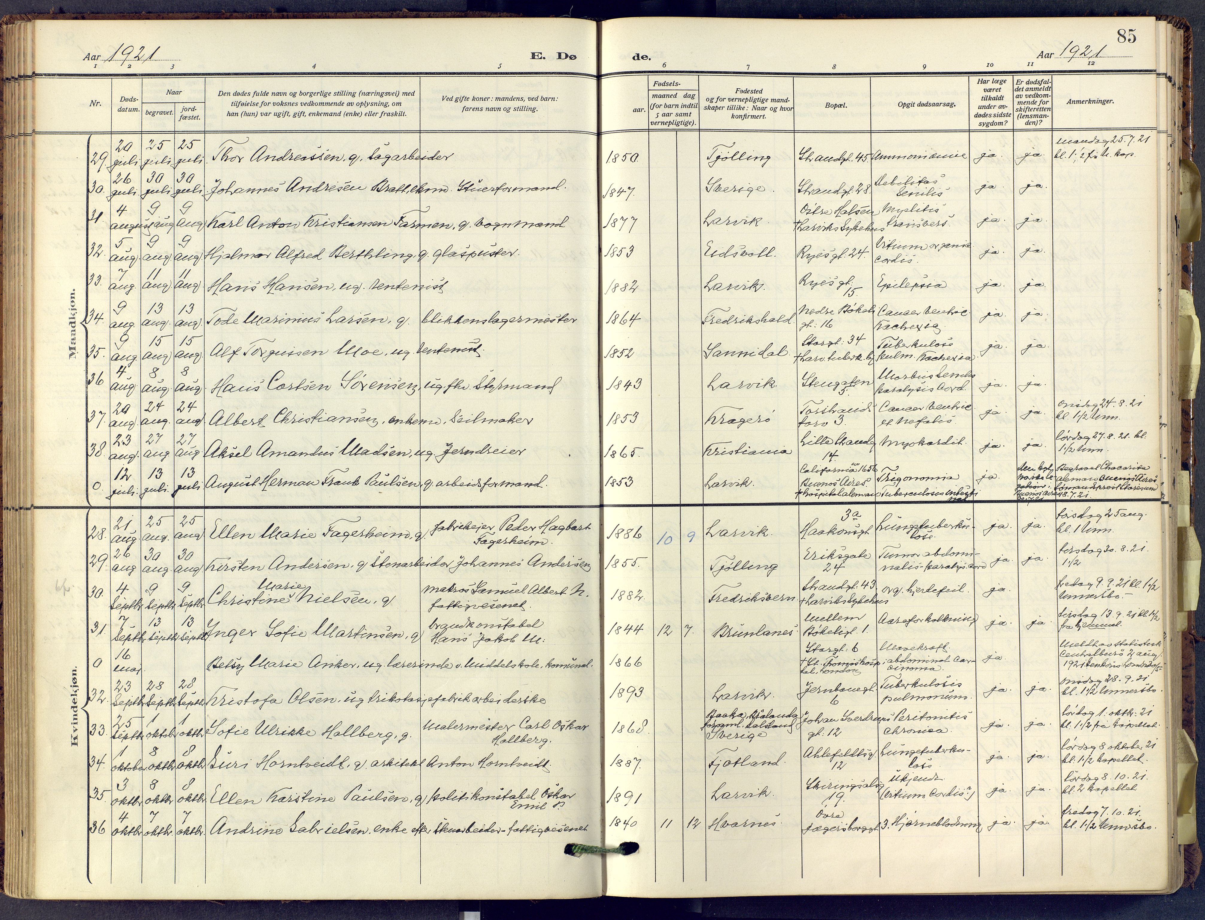 Larvik kirkebøker, AV/SAKO-A-352/F/Fa/L0013: Parish register (official) no. I 13, 1910-1960, p. 85