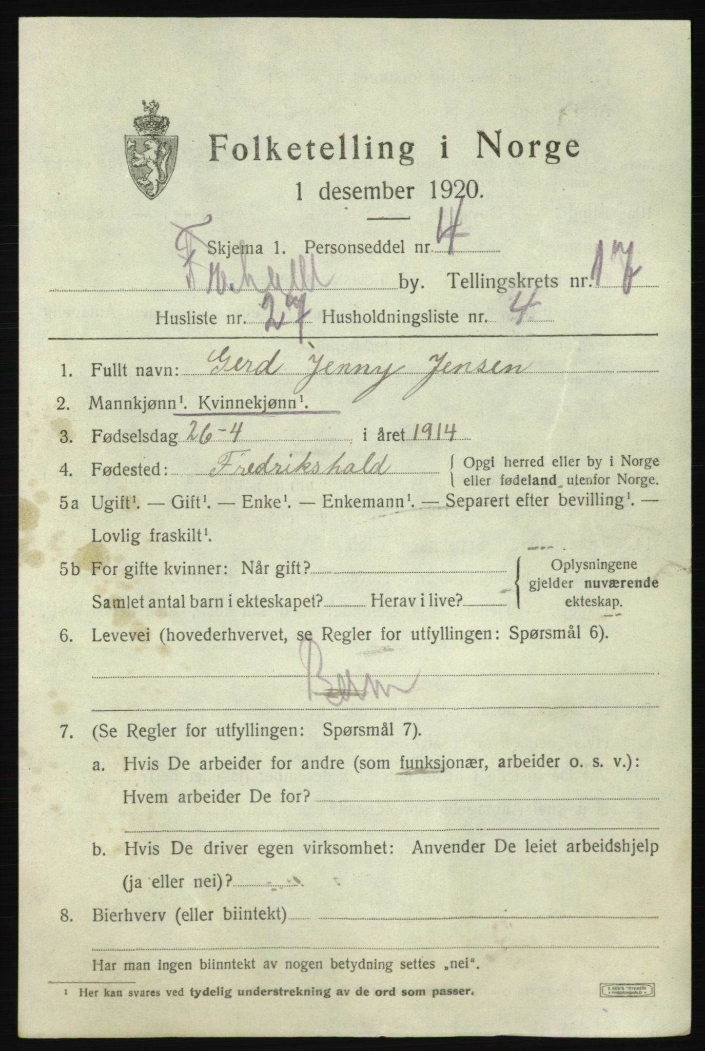 SAO, 1920 census for Fredrikshald, 1920, p. 26548