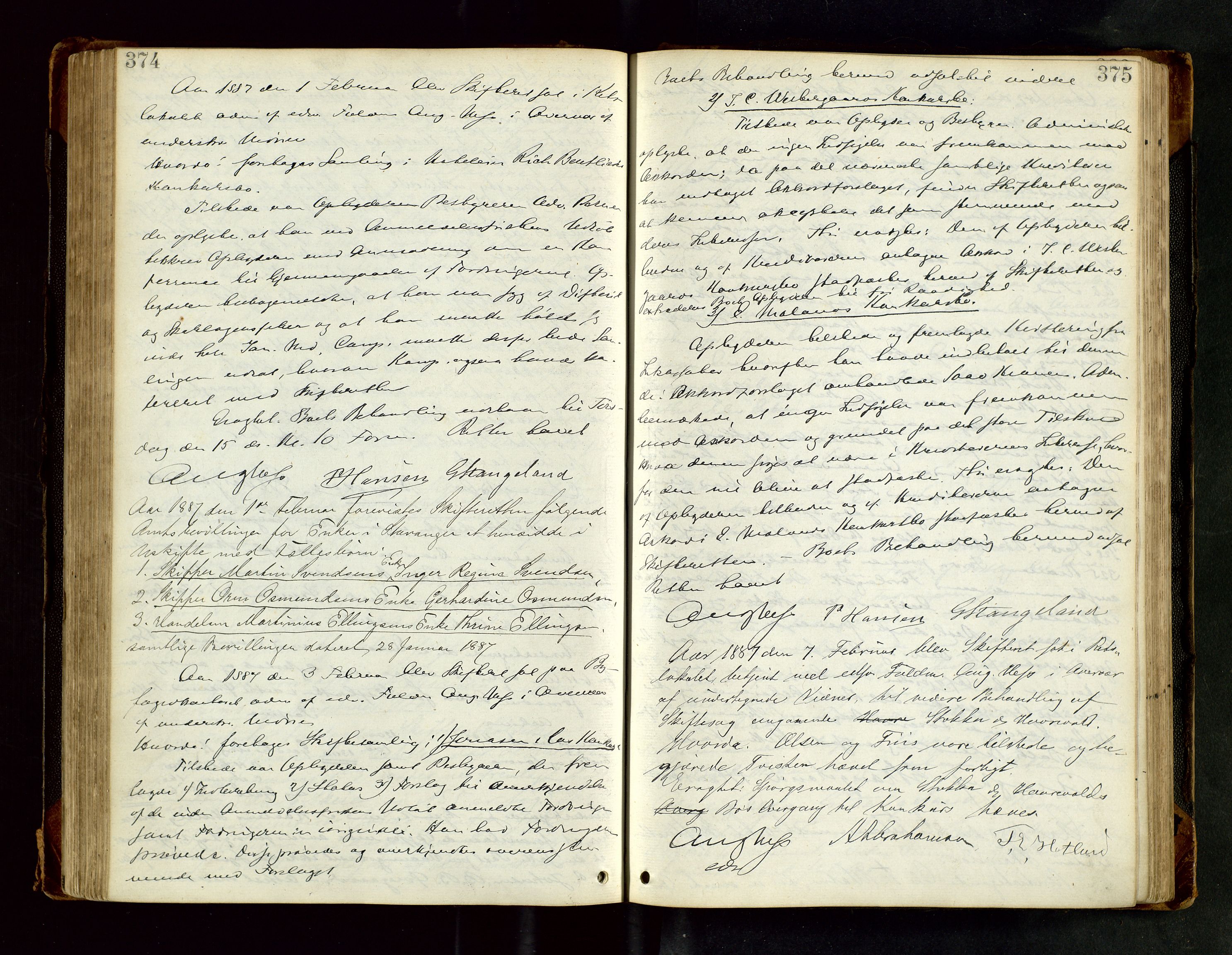 Stavanger byfogd, AV/SAST-A-101408/001/5/50/503BB/L0017: Skifteforhandlingsprotokoll, 1883-1889, p. 374-375