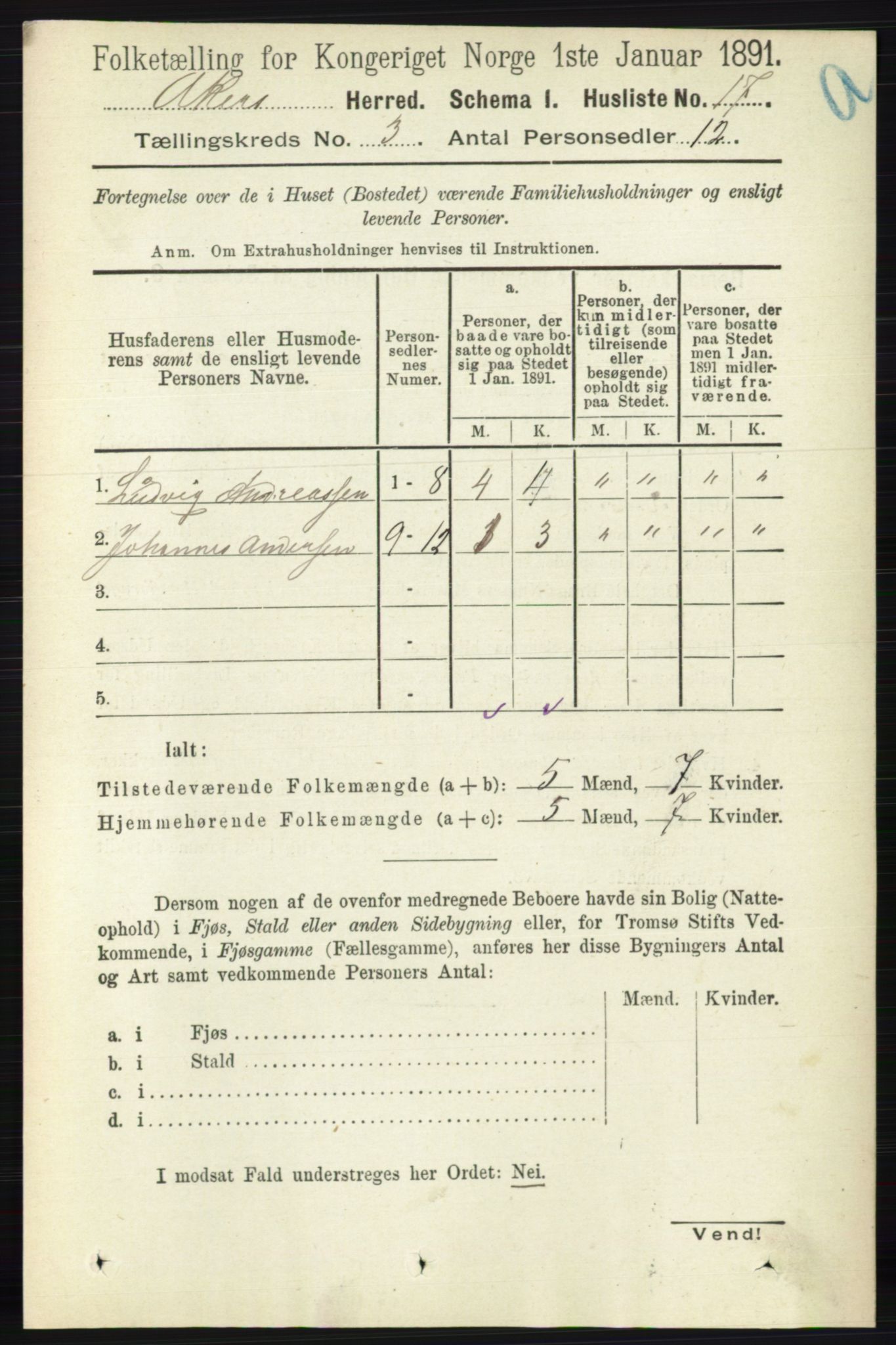 RA, 1891 census for 0218 Aker, 1891, p. 2845