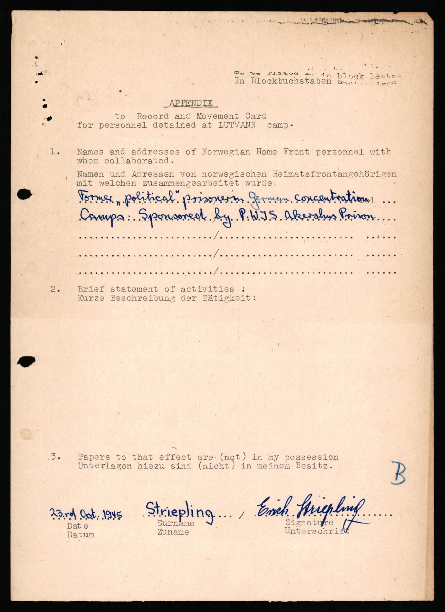 Forsvaret, Forsvarets overkommando II, RA/RAFA-3915/D/Db/L0033: CI Questionaires. Tyske okkupasjonsstyrker i Norge. Tyskere., 1945-1946, p. 250