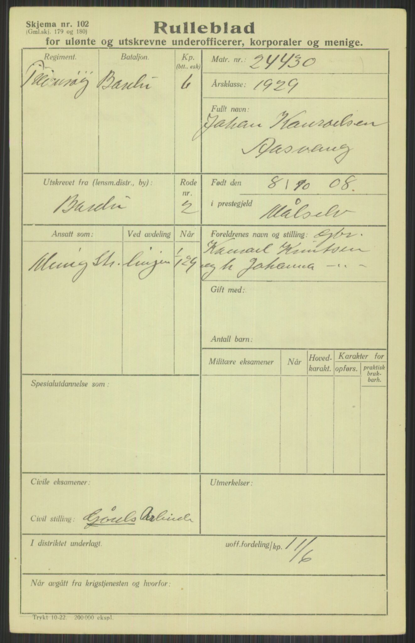 Forsvaret, Troms infanteriregiment nr. 16, AV/RA-RAFA-3146/P/Pa/L0013/0004: Rulleblad / Rulleblad for regimentets menige mannskaper, årsklasse 1929, 1929, p. 13