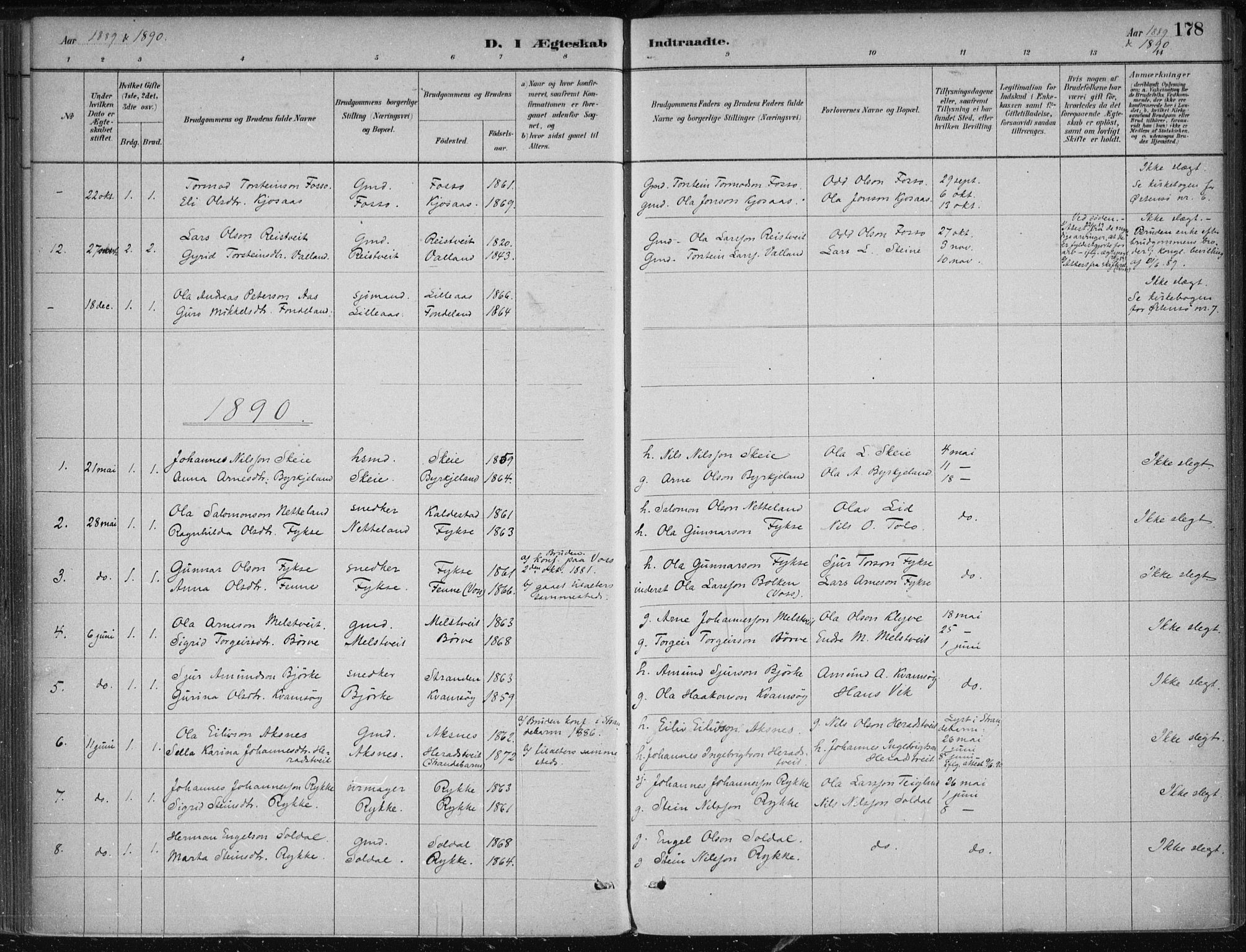 Kvam sokneprestembete, SAB/A-76201/H/Haa: Parish register (official) no. B  1, 1880-1908, p. 178