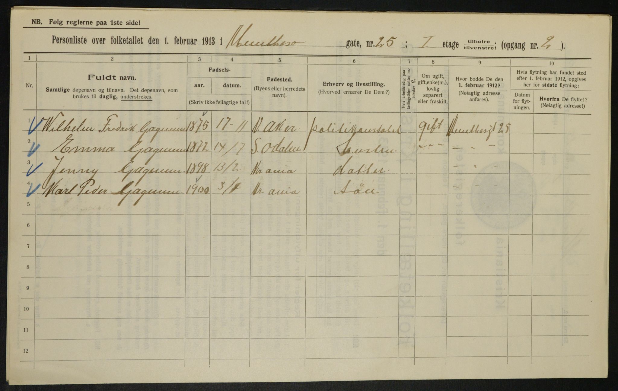 OBA, Municipal Census 1913 for Kristiania, 1913, p. 68069