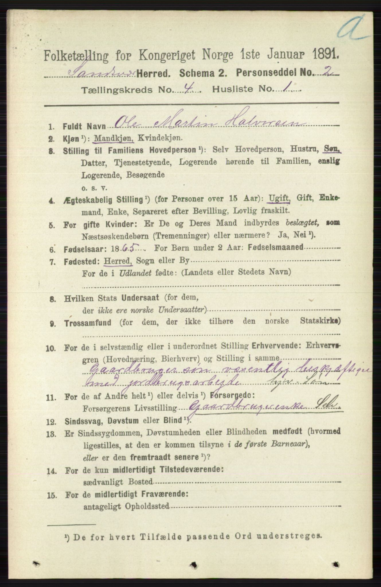 RA, 1891 census for 0629 Sandsvær, 1891, p. 1839