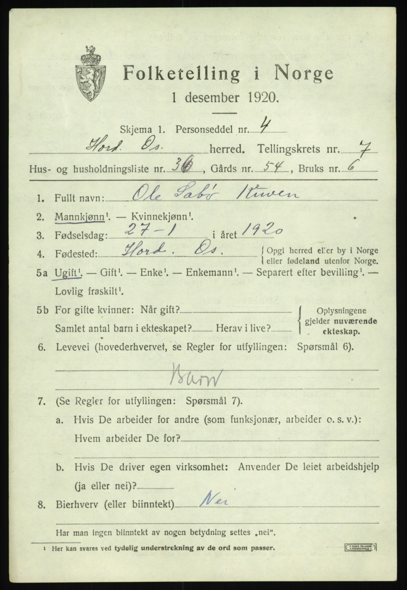 SAB, 1920 census for Os, 1920, p. 6208