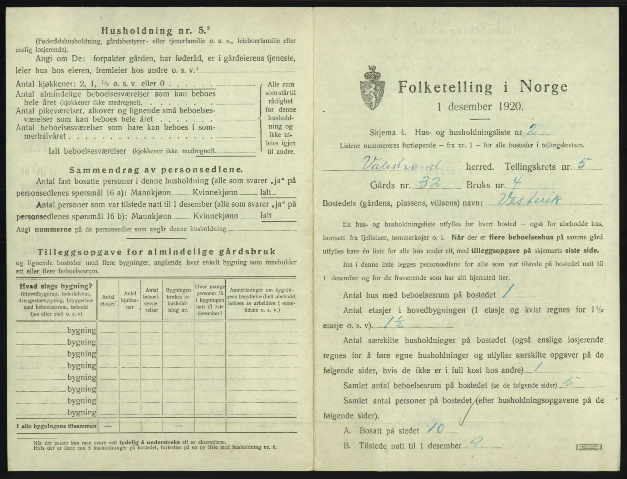 SAB, 1920 census for Valestrand, 1920, p. 332