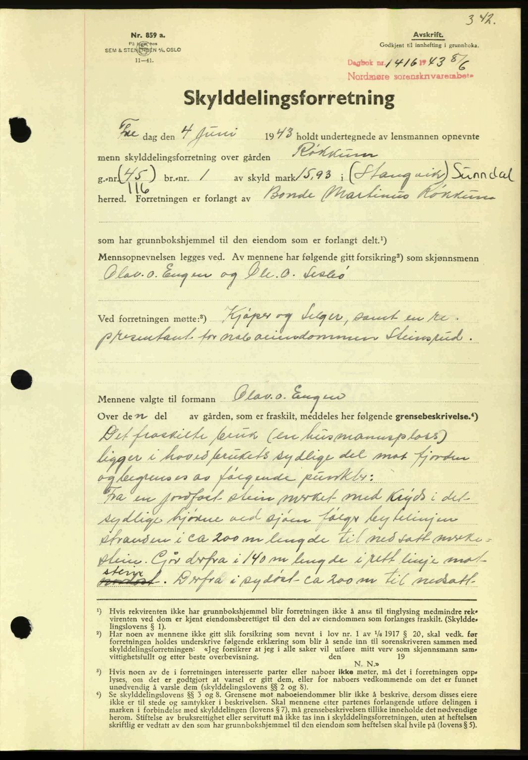 Nordmøre sorenskriveri, AV/SAT-A-4132/1/2/2Ca: Mortgage book no. A95, 1943-1943, Diary no: : 1413/1943