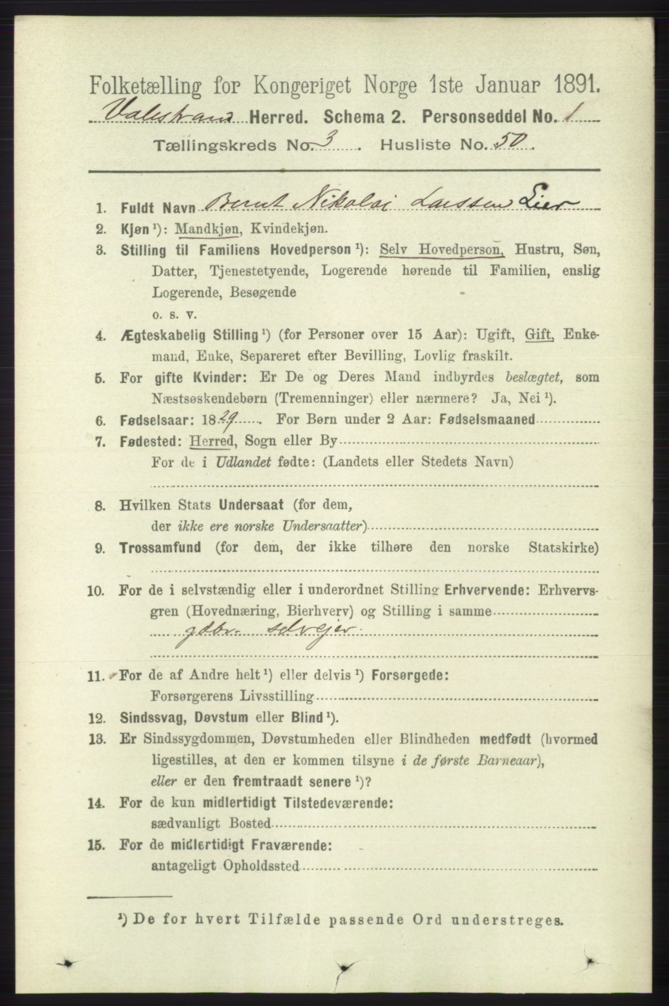 RA, 1891 census for 1217 Valestrand, 1891, p. 812