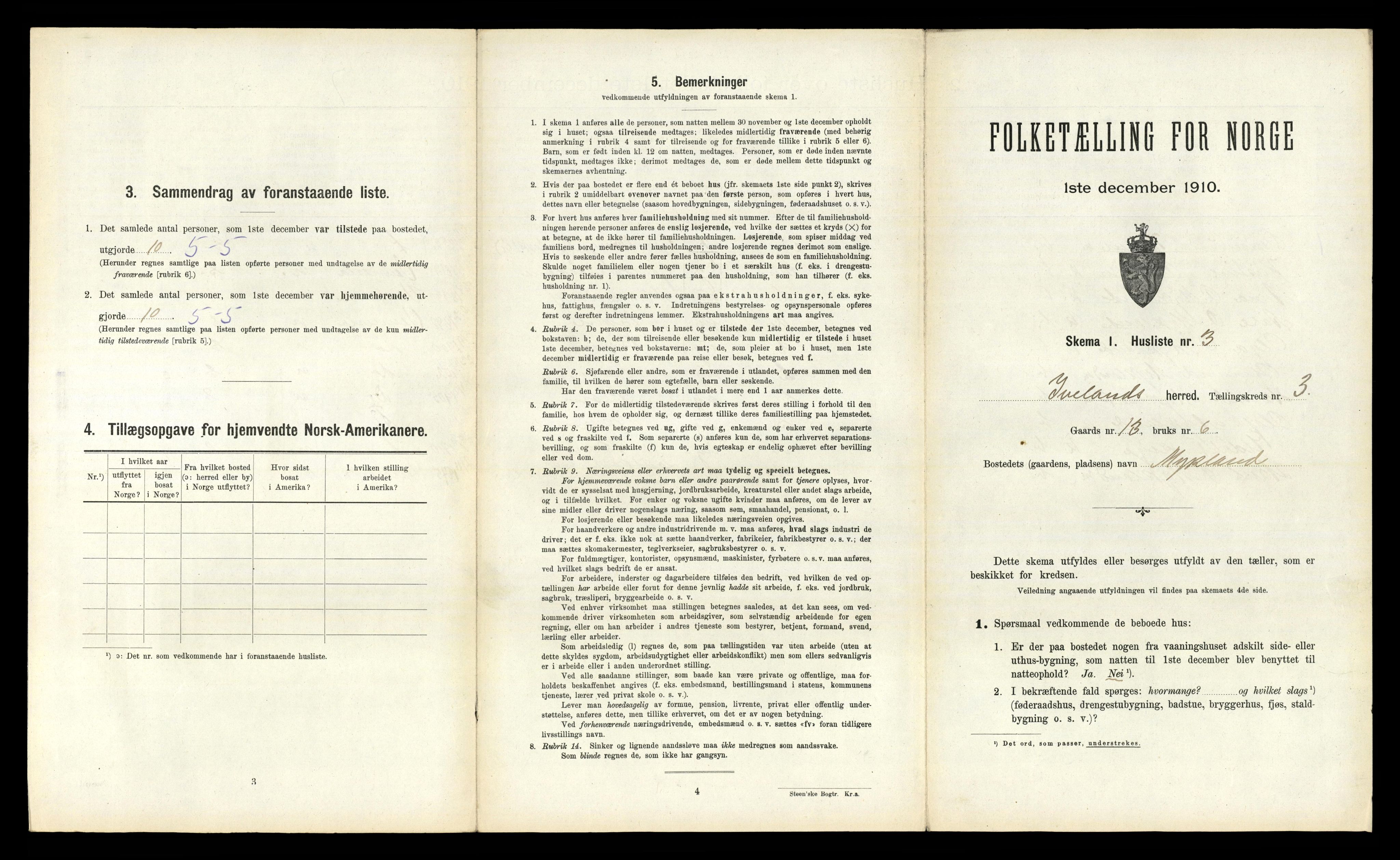 RA, 1910 census for Iveland, 1910, p. 127