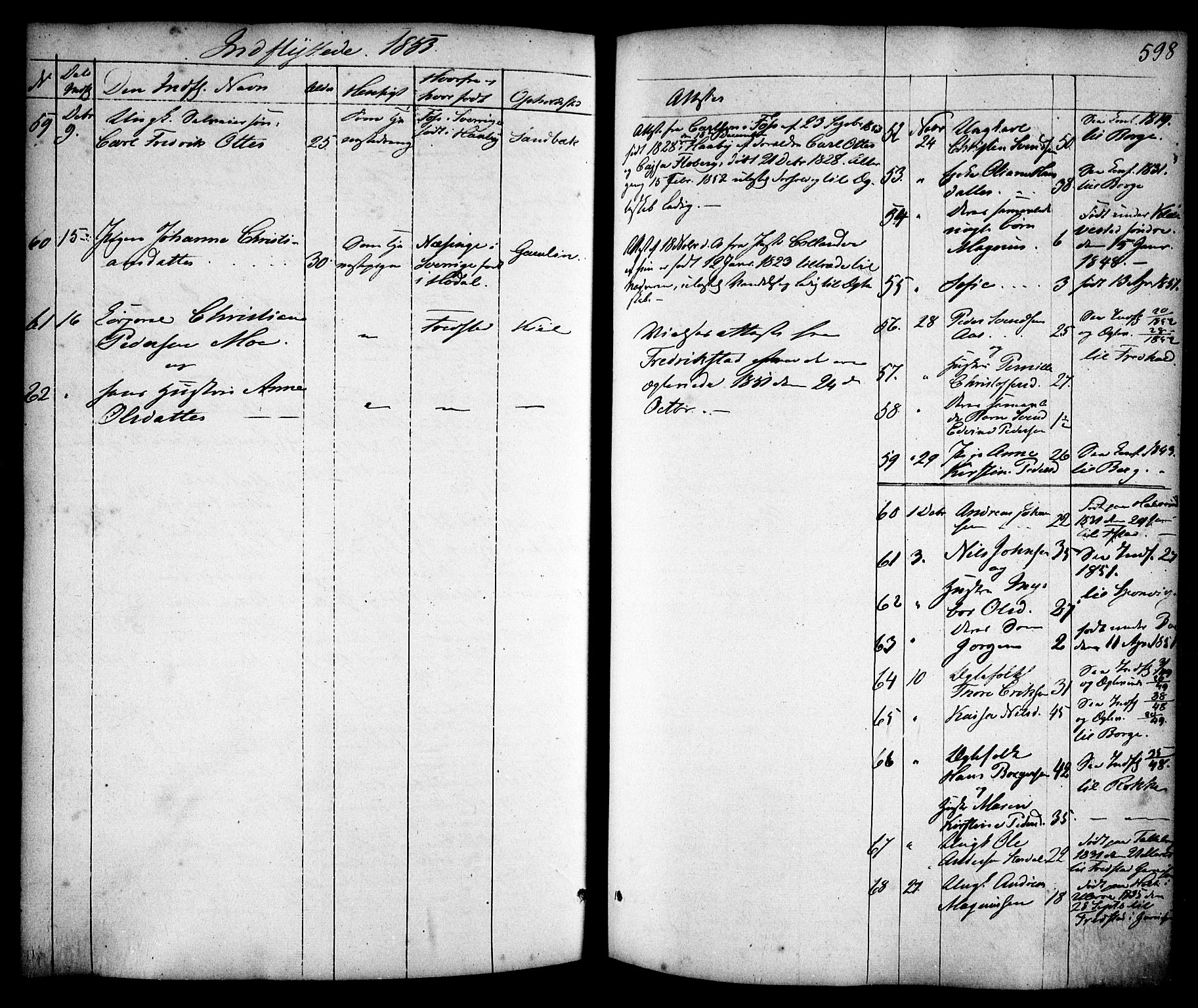 Skjeberg prestekontor Kirkebøker, AV/SAO-A-10923/F/Fa/L0006: Parish register (official) no. I 6, 1846-1858, p. 598