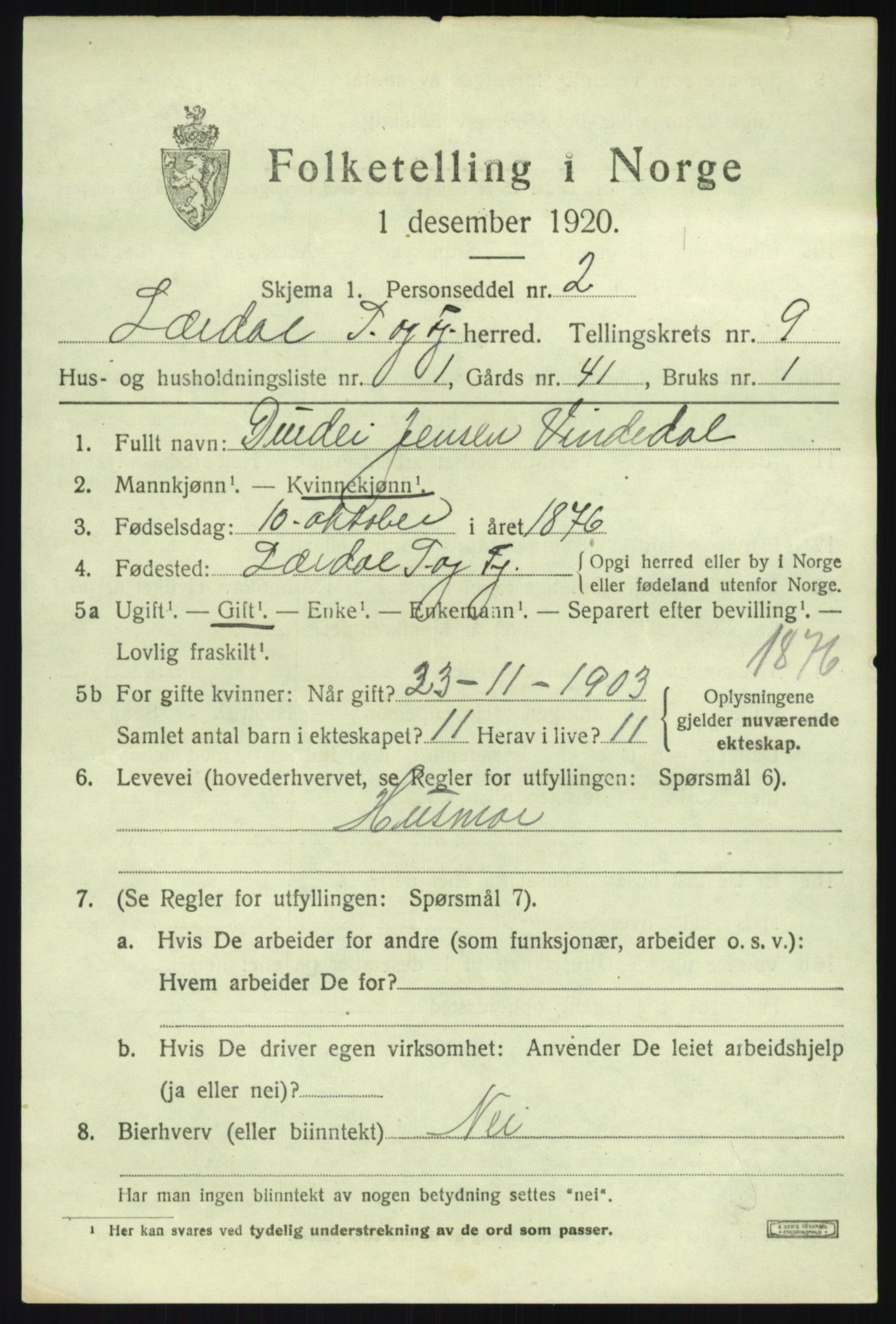 SAB, 1920 census for Lærdal, 1920, p. 4252