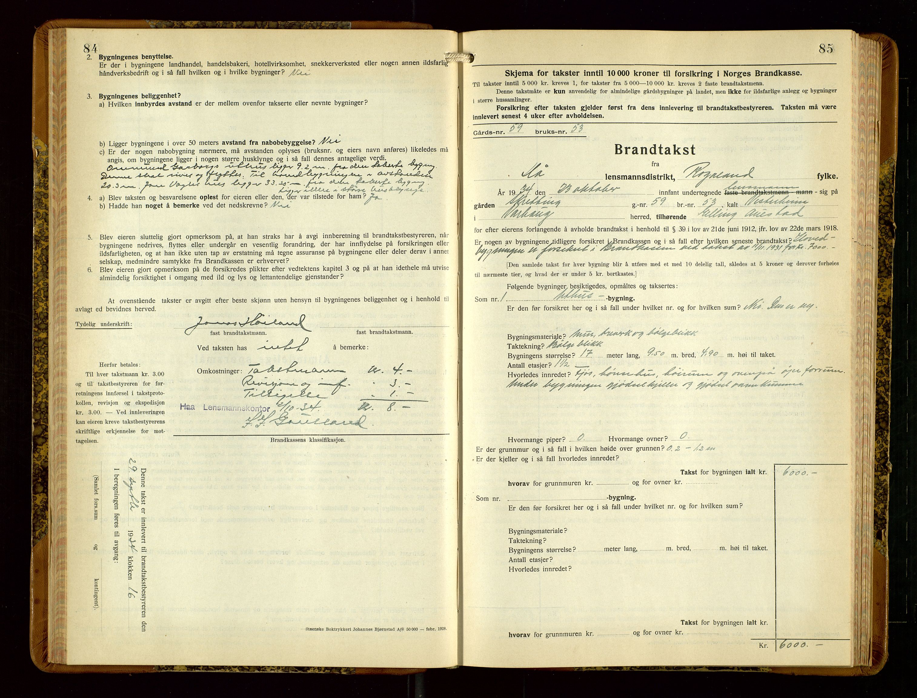 Hå lensmannskontor, AV/SAST-A-100456/Goa/L0006: Takstprotokoll (skjema), 1932-1938, p. 84-85