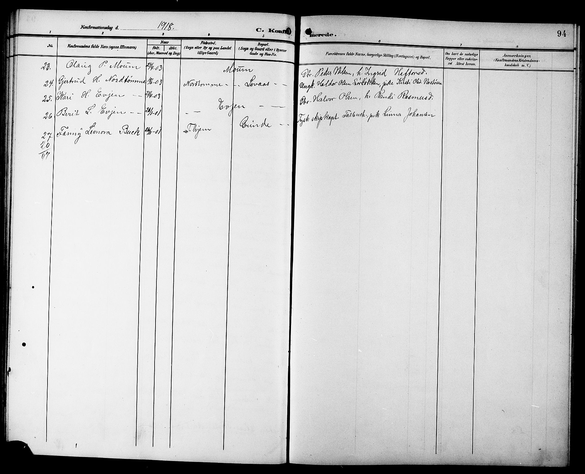 Ministerialprotokoller, klokkerbøker og fødselsregistre - Sør-Trøndelag, AV/SAT-A-1456/692/L1112: Parish register (copy) no. 692C07, 1904-1918, p. 94