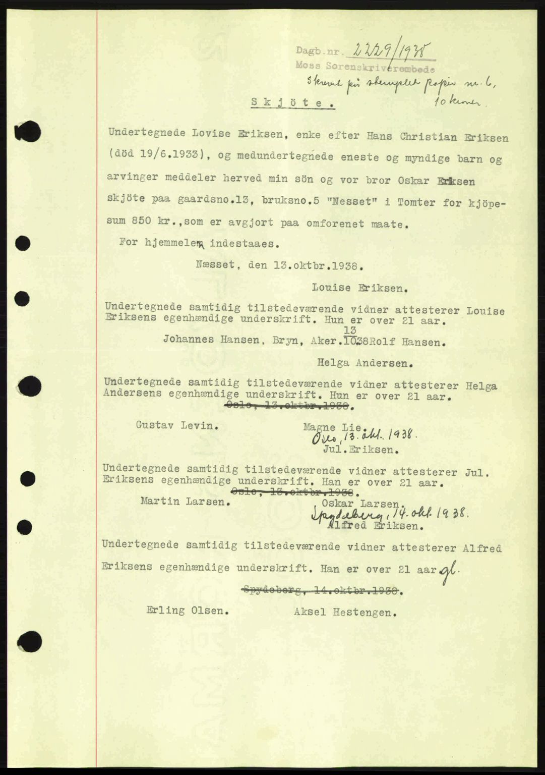 Moss sorenskriveri, SAO/A-10168: Mortgage book no. A5, 1938-1939, Diary no: : 2229/1938
