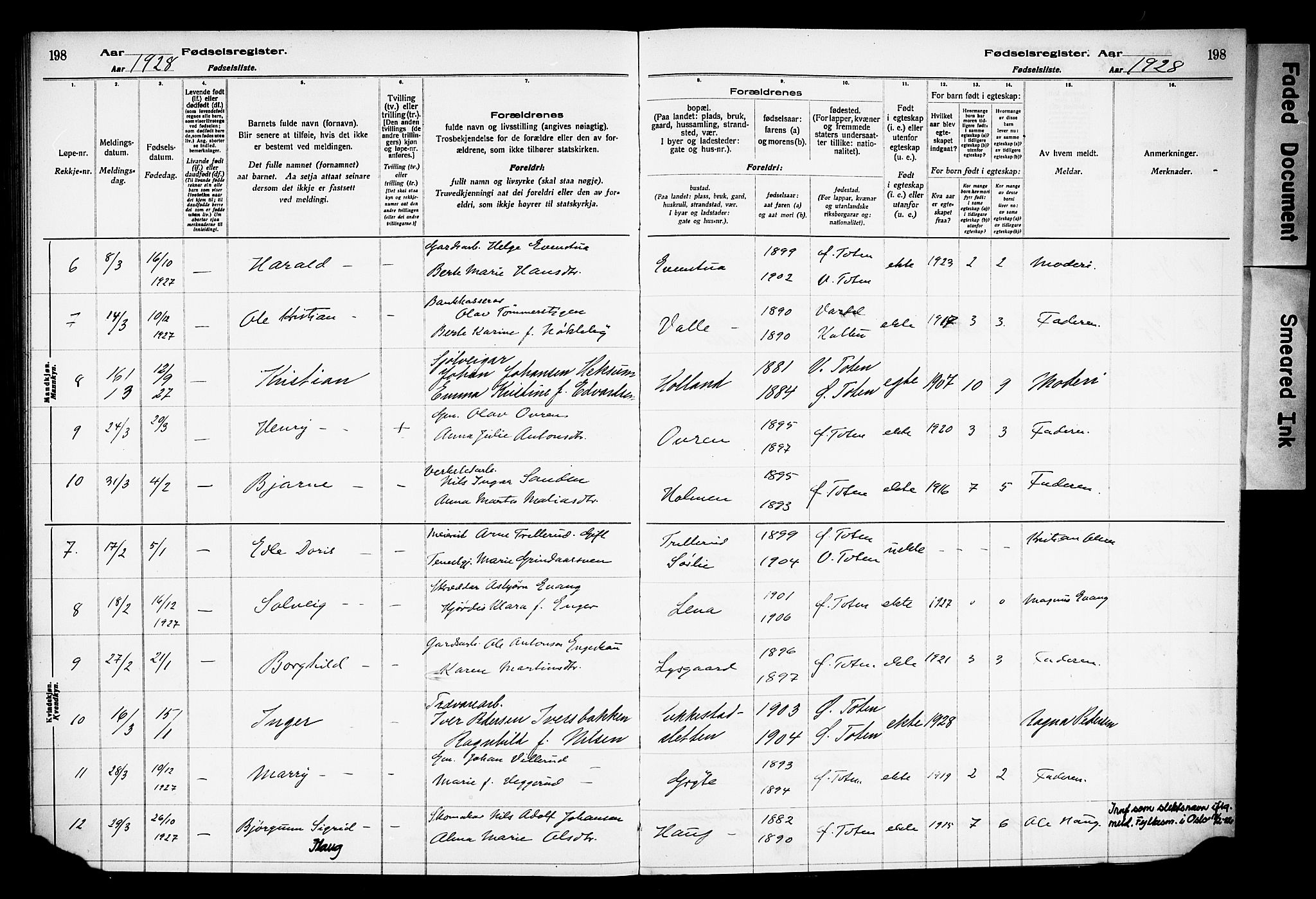 Østre Toten prestekontor, AV/SAH-PREST-104/I/Id/L0001/0001: Birth register no. 1.1, 1916-1928, p. 198