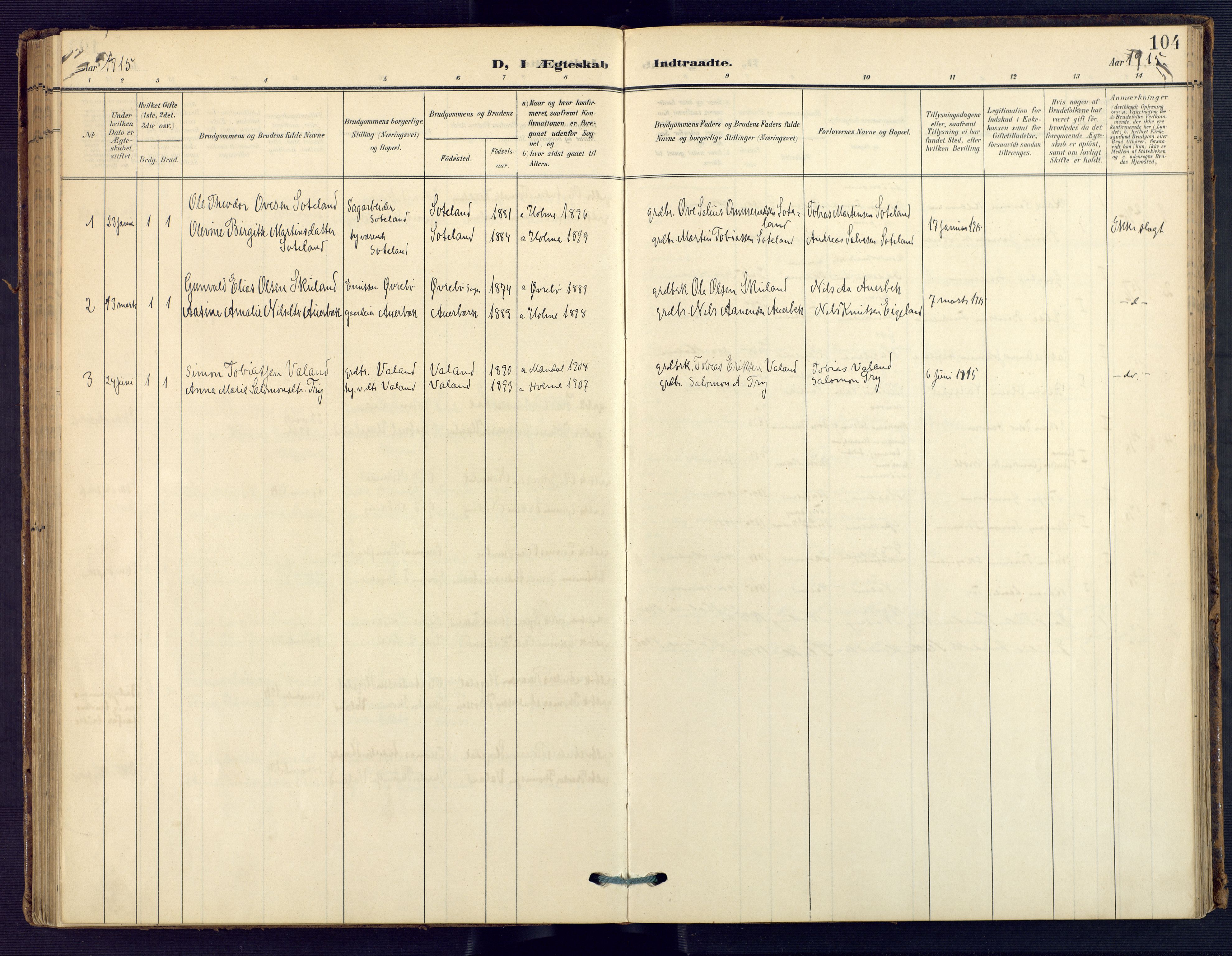 Holum sokneprestkontor, SAK/1111-0022/F/Fa/Faa/L0008: Parish register (official) no. A 8, 1908-1929, p. 104