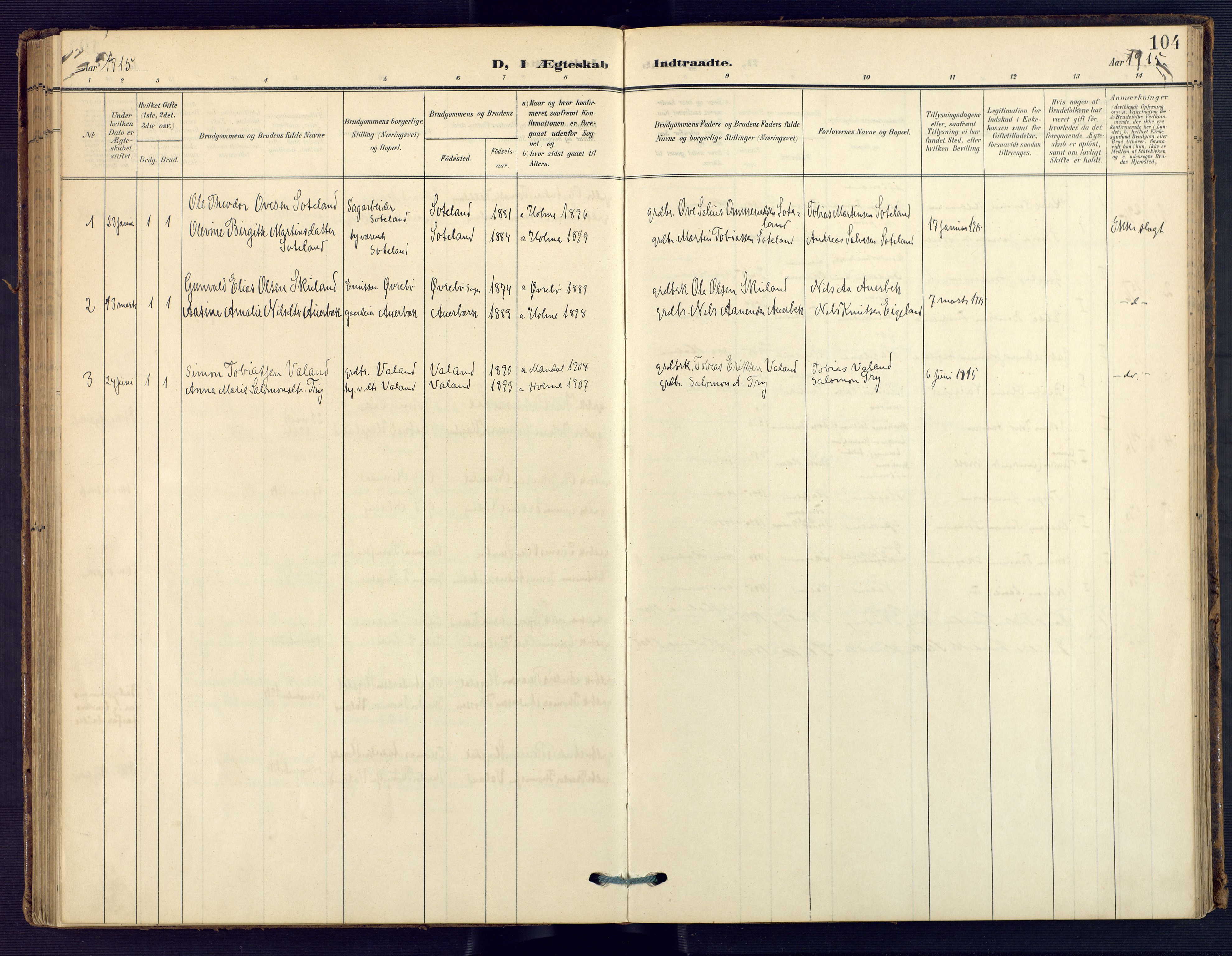 Holum sokneprestkontor, AV/SAK-1111-0022/F/Fa/Faa/L0008: Parish register (official) no. A 8, 1908-1929, p. 104