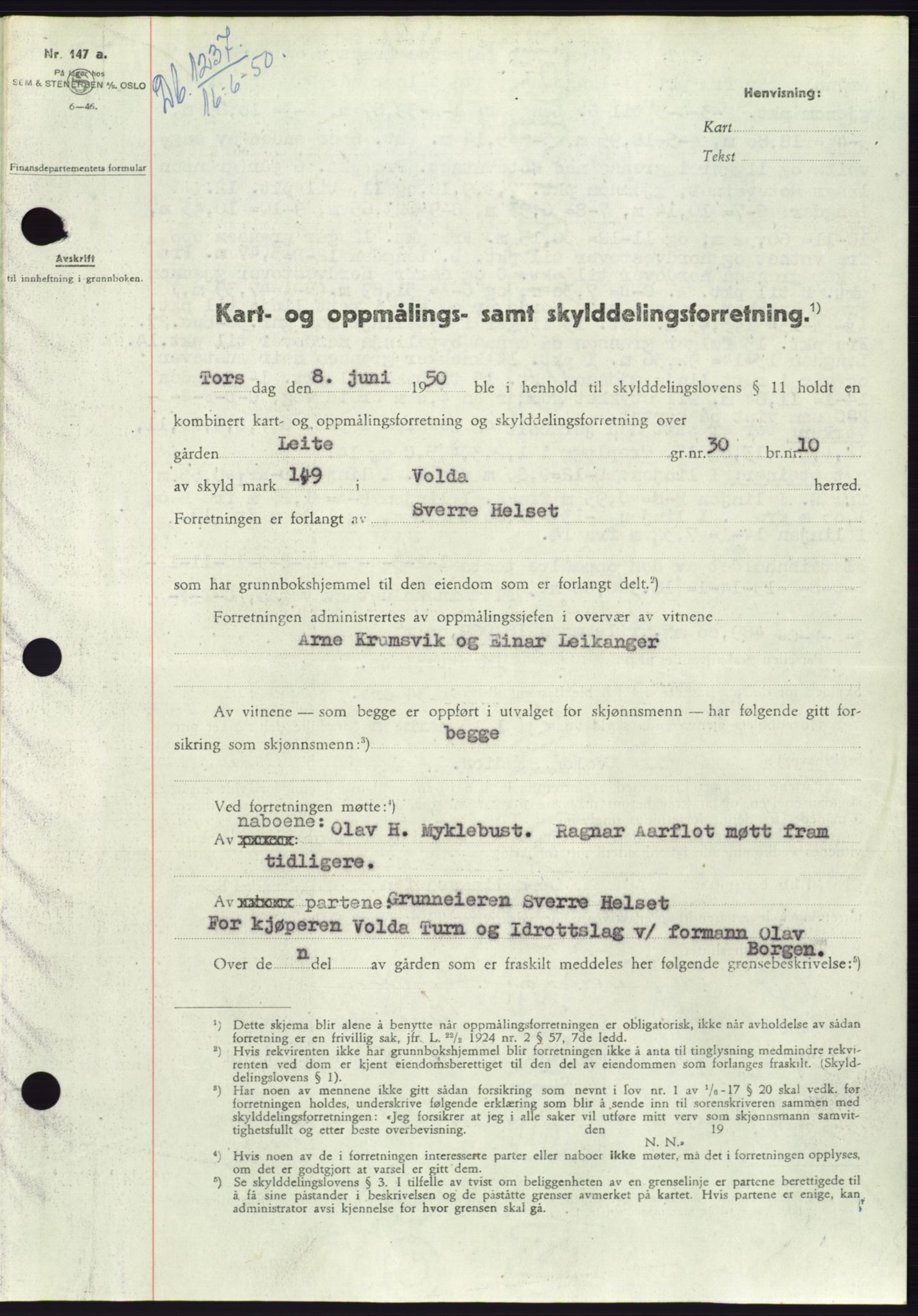 Søre Sunnmøre sorenskriveri, AV/SAT-A-4122/1/2/2C/L0087: Mortgage book no. 13A, 1950-1950, Diary no: : 1237/1950