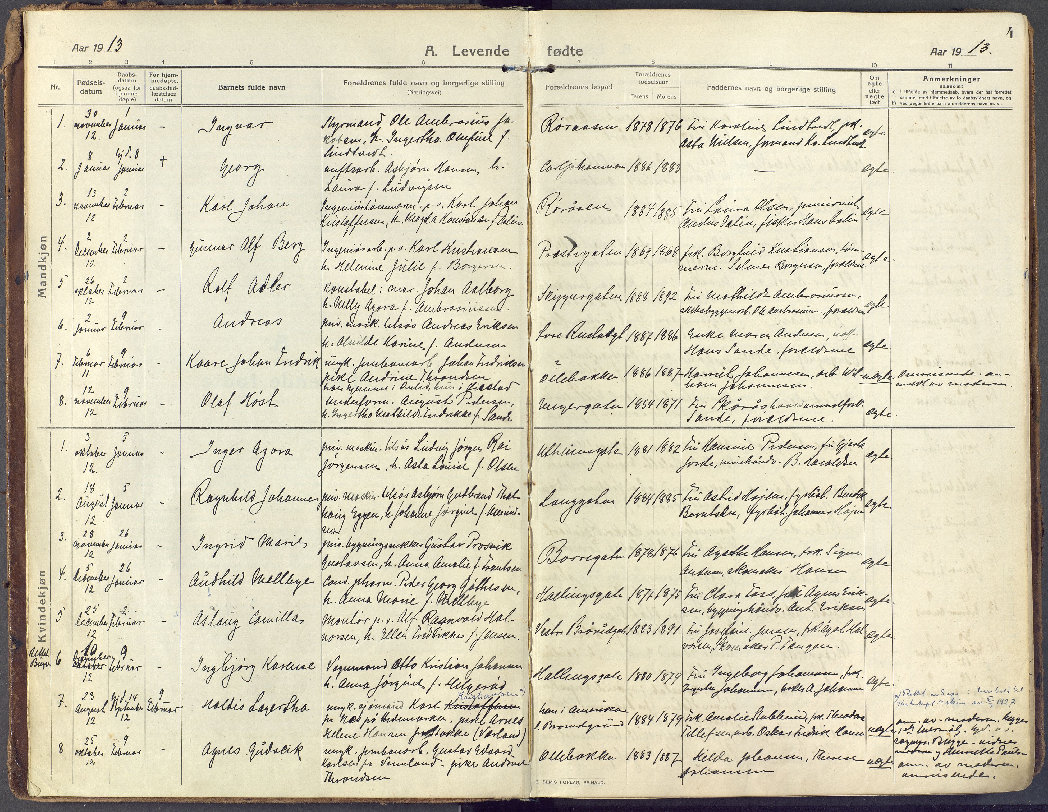 Horten kirkebøker, AV/SAKO-A-348/F/Fa/L0012: Parish register (official) no. 12, 1913-1926, p. 4