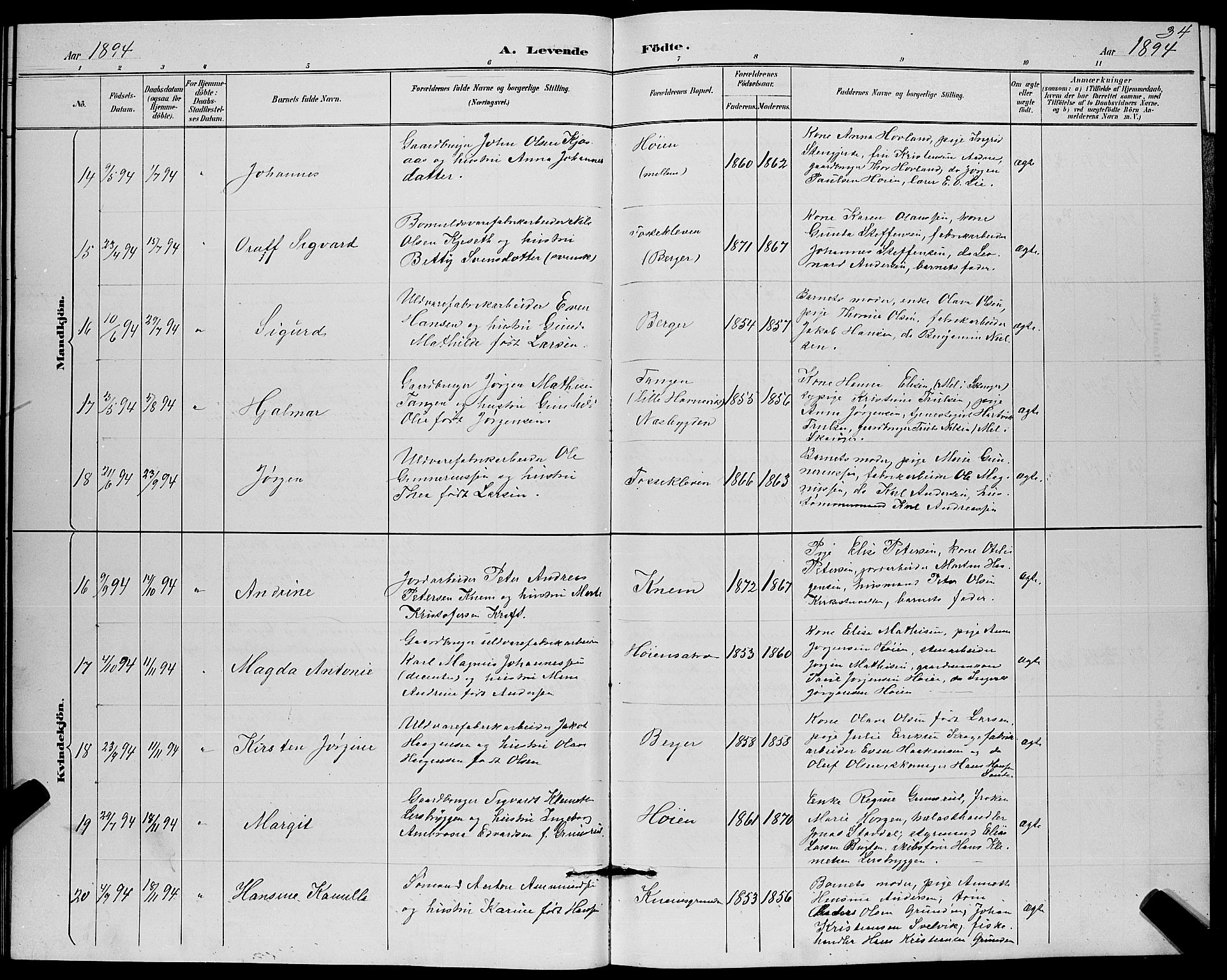 Strømm kirkebøker, SAKO/A-322/G/Ga/L0003: Parish register (copy) no. I 3, 1889-1896, p. 34