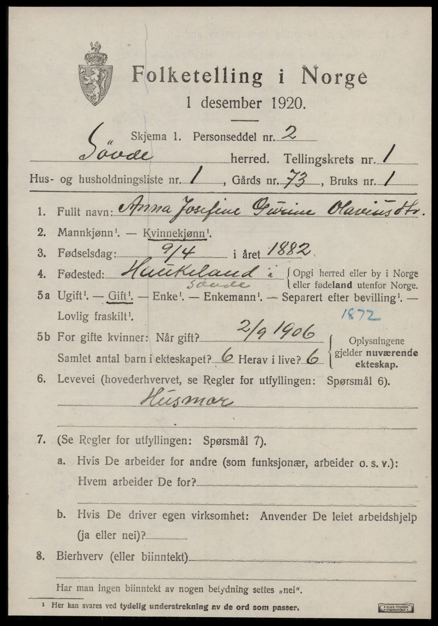 SAT, 1920 census for Syvde, 1920, p. 422