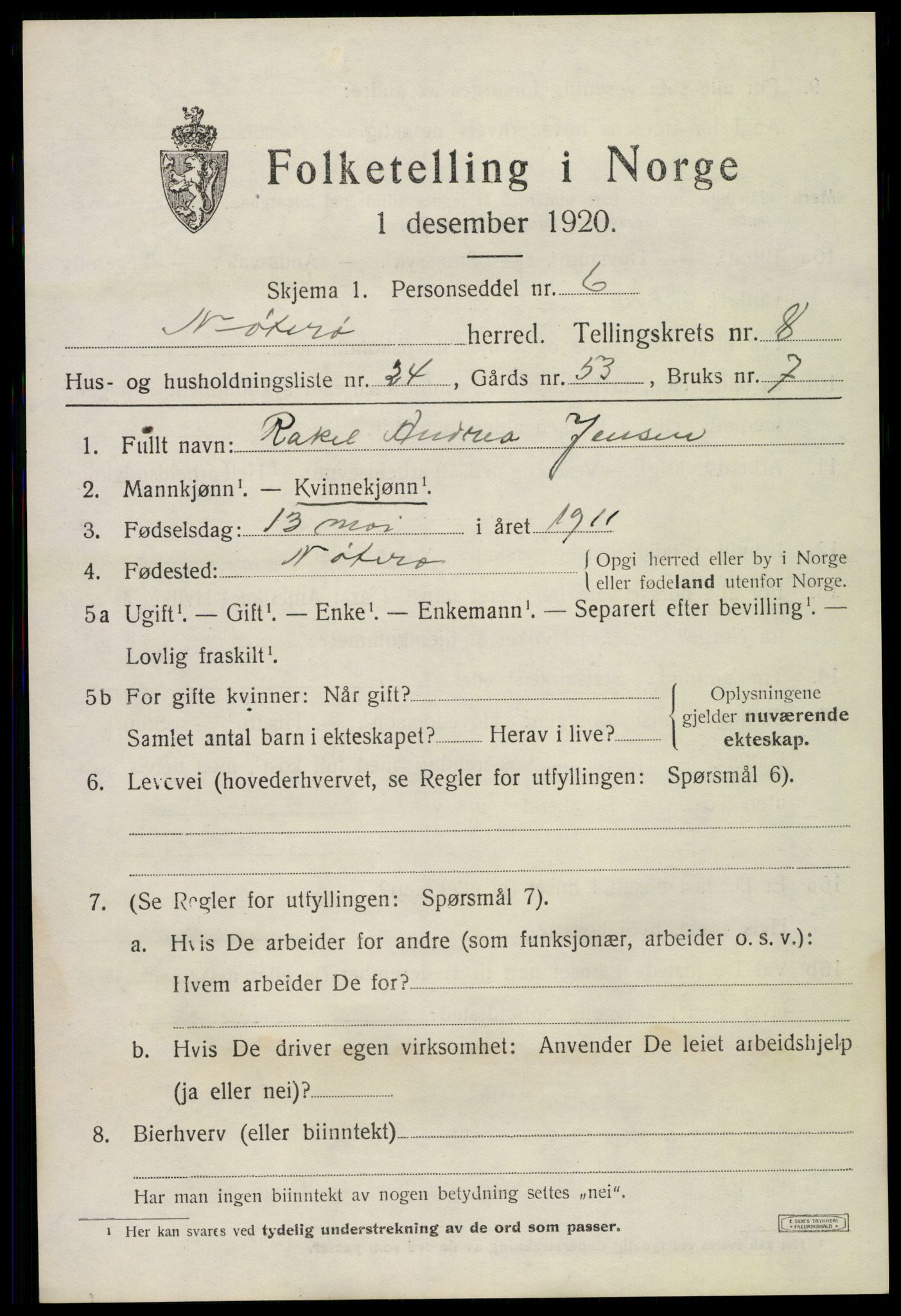 SAKO, 1920 census for Nøtterøy, 1920, p. 10653