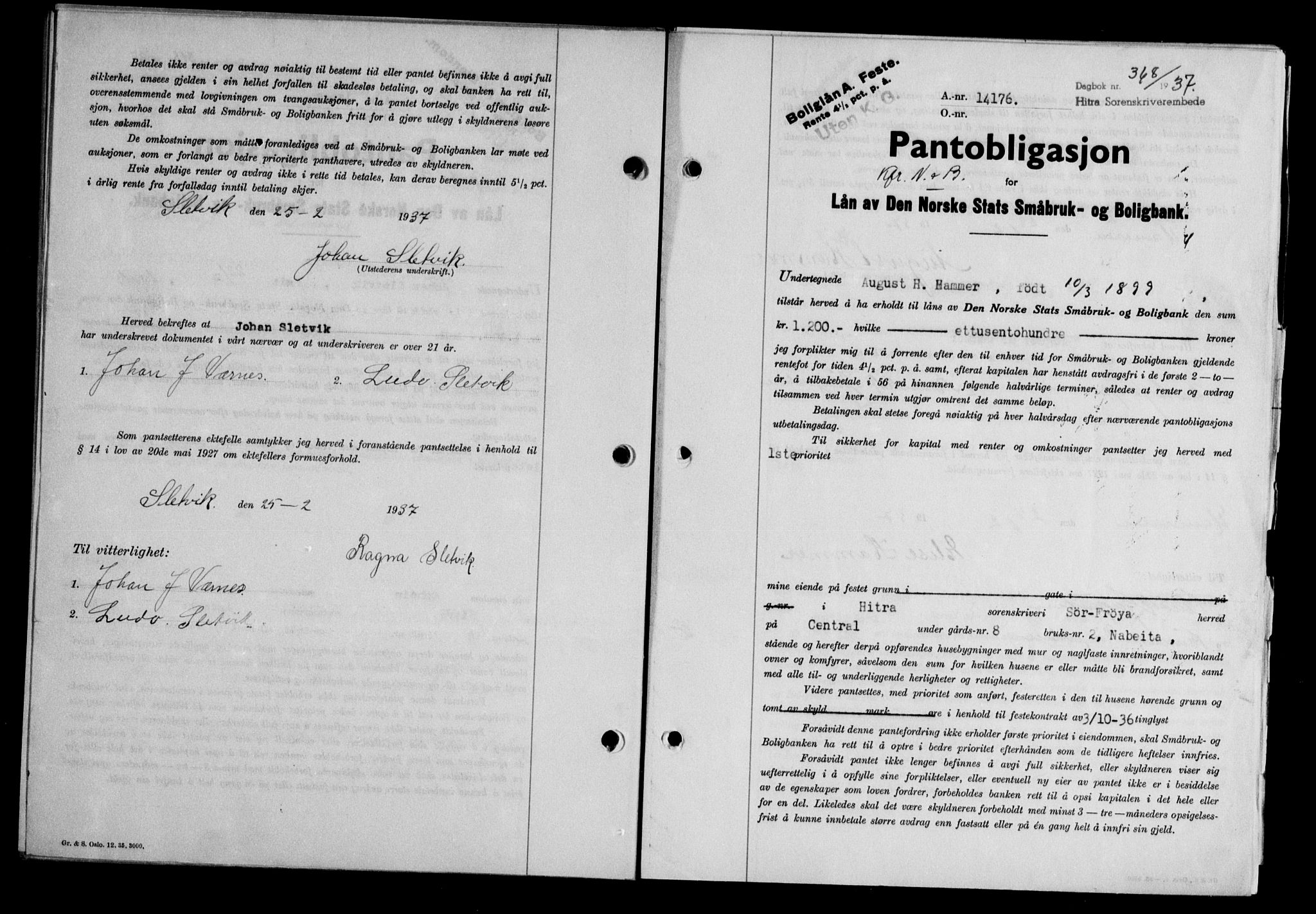 Hitra sorenskriveri, AV/SAT-A-0018/2/2C/2Ca/L0028: Mortgage book no. B-1, 1936-1939, Diary no: : 368/1937