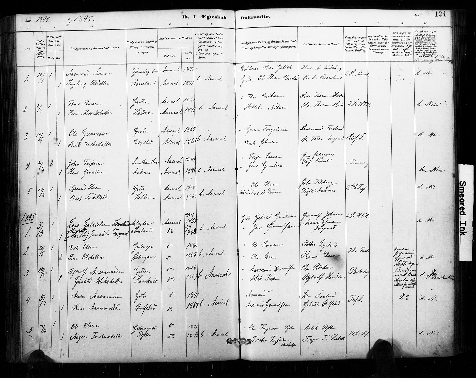 Åseral sokneprestkontor, AV/SAK-1111-0051/F/Fa/L0003: Parish register (official) no. A 3, 1884-1901, p. 124