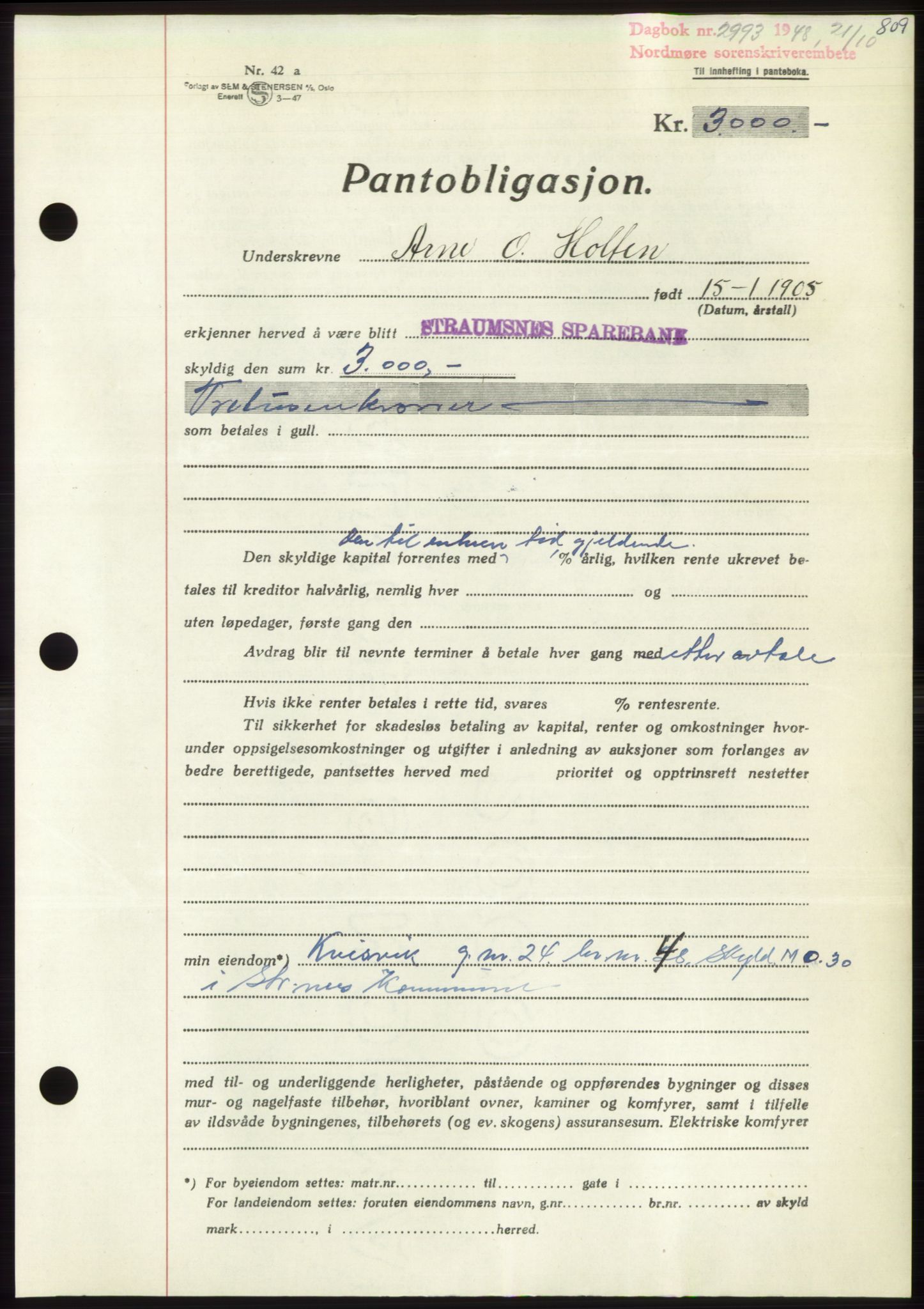 Nordmøre sorenskriveri, AV/SAT-A-4132/1/2/2Ca: Mortgage book no. B99, 1948-1948, Diary no: : 2993/1948