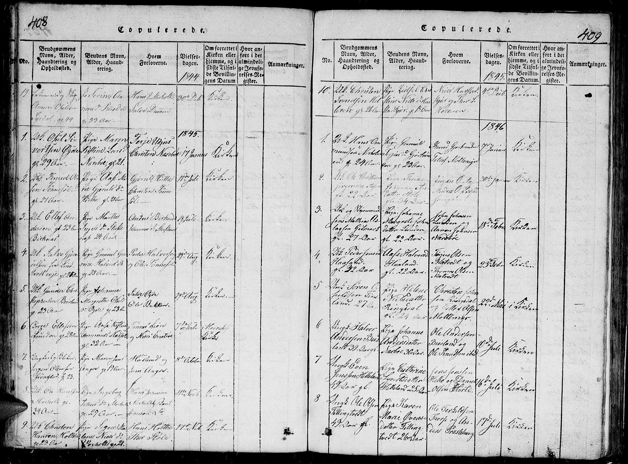 Hommedal sokneprestkontor, AV/SAK-1111-0023/F/Fb/Fbb/L0003: Parish register (copy) no. B 3 /1, 1816-1850, p. 408-409