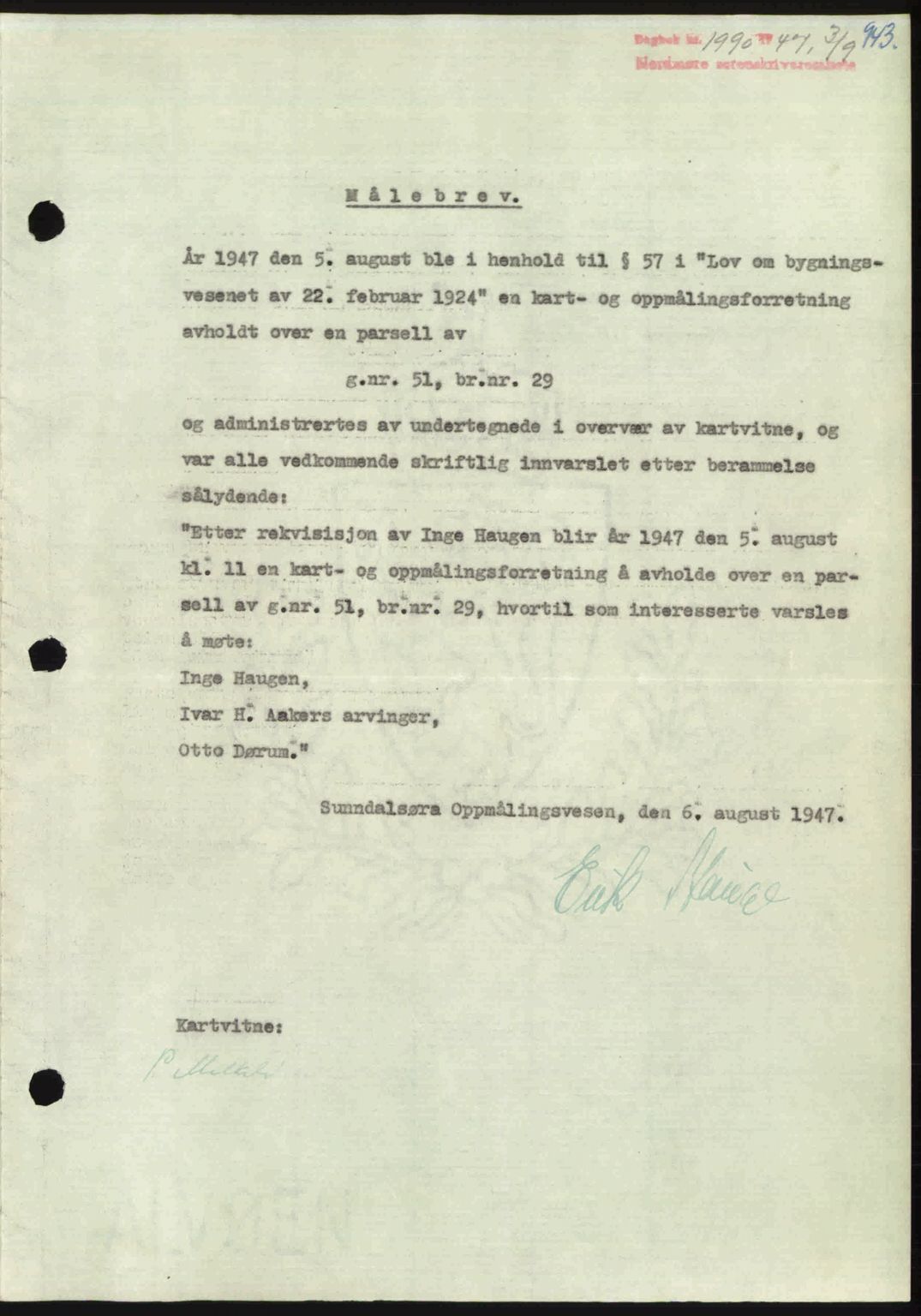 Nordmøre sorenskriveri, AV/SAT-A-4132/1/2/2Ca: Mortgage book no. A105, 1947-1947, Diary no: : 1990/1947