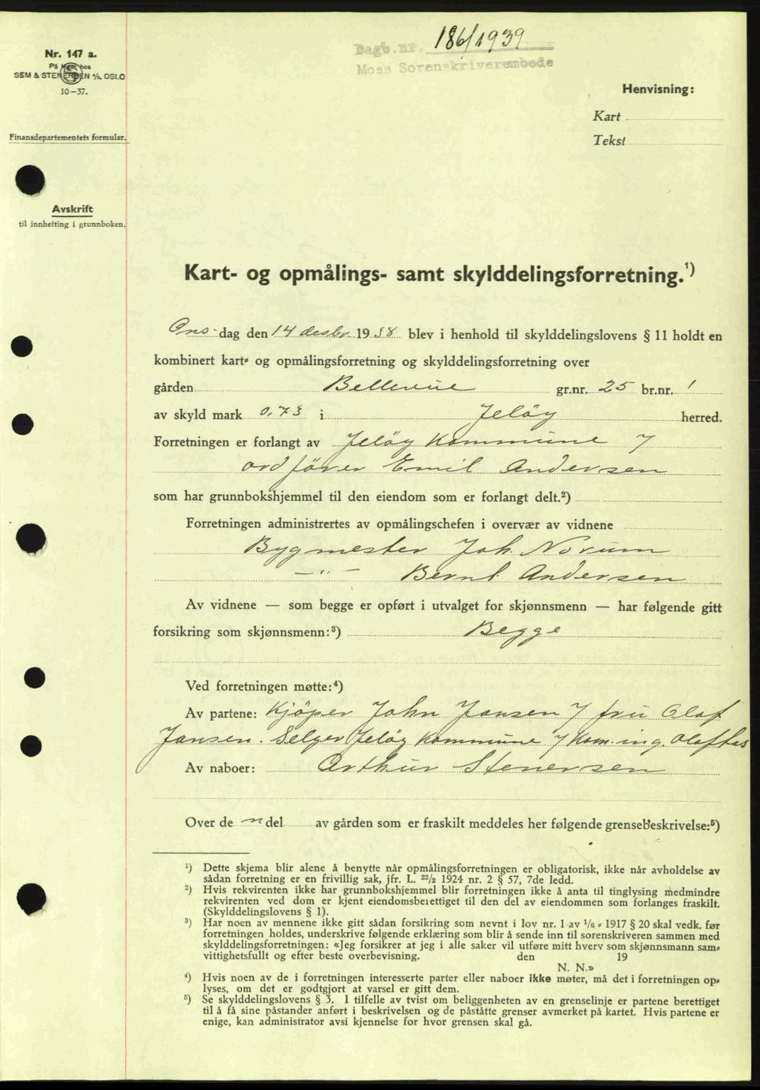 Moss sorenskriveri, SAO/A-10168: Mortgage book no. A5, 1938-1939, Diary no: : 186/1939
