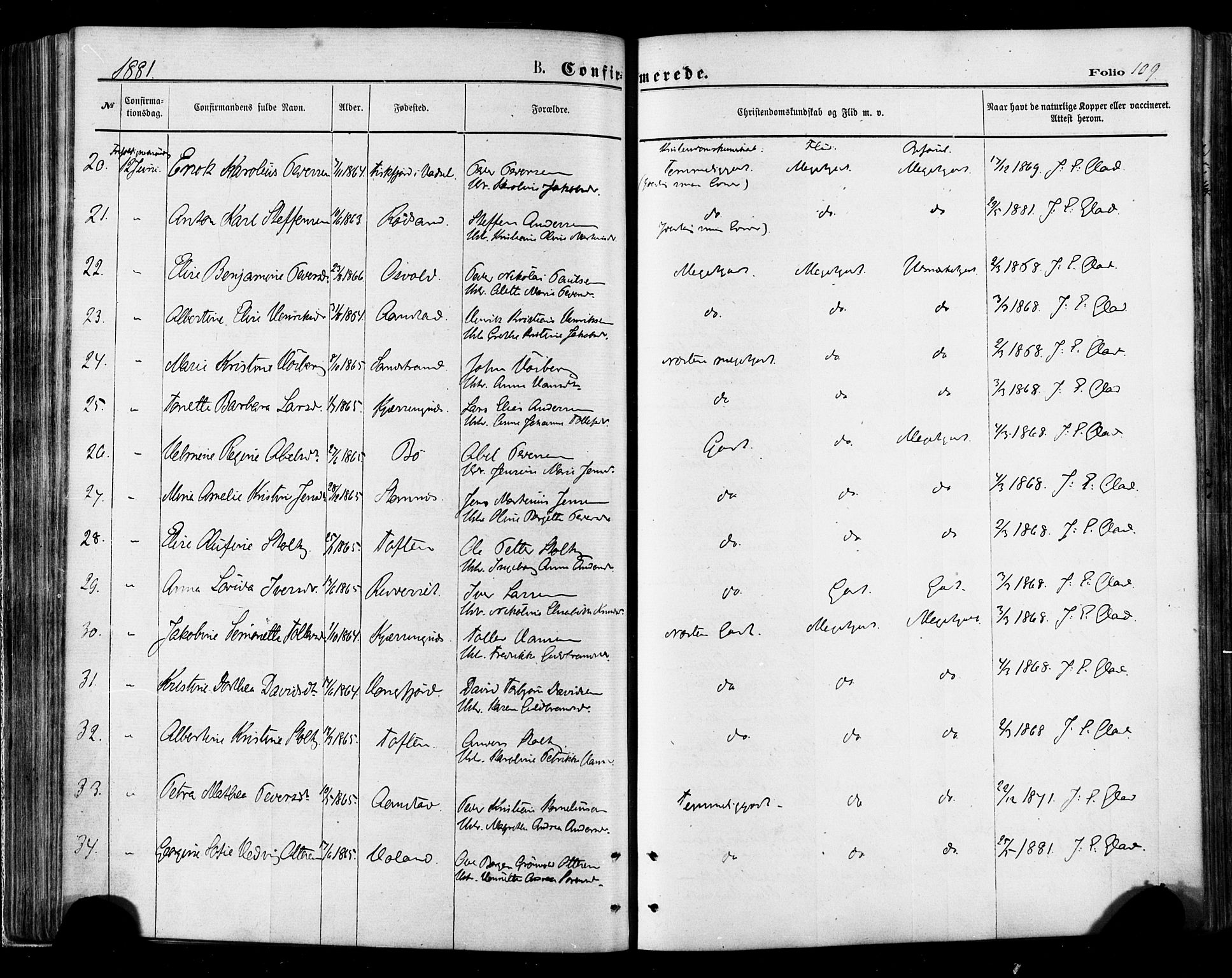 Ministerialprotokoller, klokkerbøker og fødselsregistre - Nordland, AV/SAT-A-1459/895/L1370: Parish register (official) no. 895A05, 1873-1884, p. 109