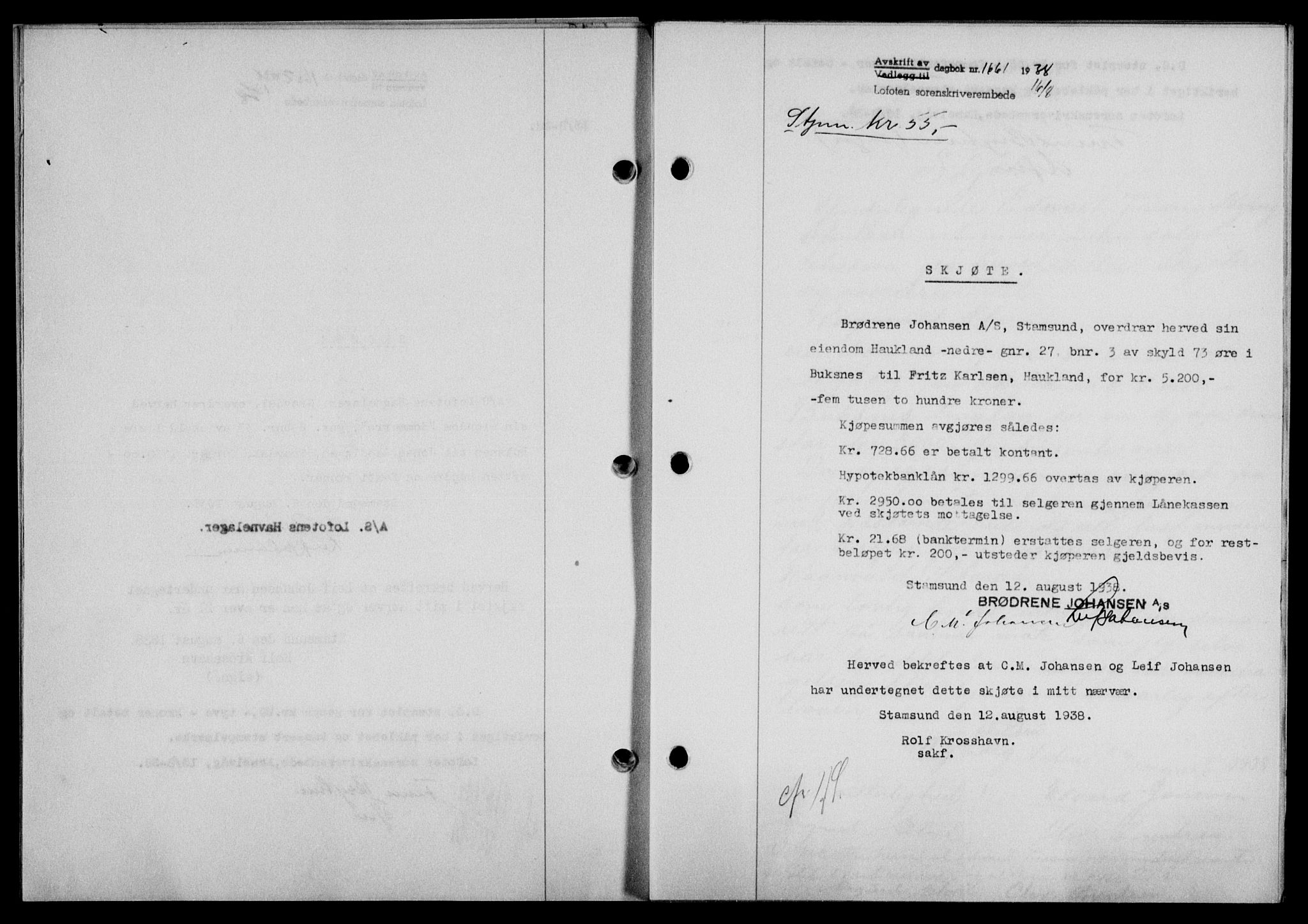 Lofoten sorenskriveri, SAT/A-0017/1/2/2C/L0004a: Mortgage book no. 4a, 1938-1938, Diary no: : 1661/1938