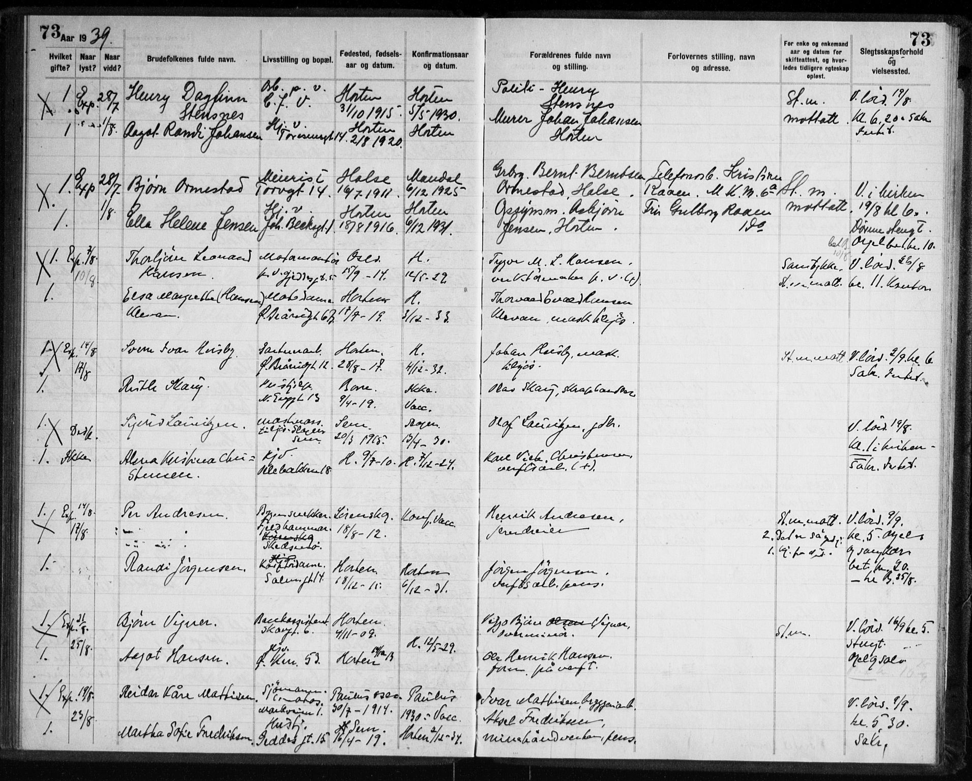 Horten kirkebøker, AV/SAKO-A-348/H/Ha/L0007: Banns register no. 7, 1934-1947, p. 73