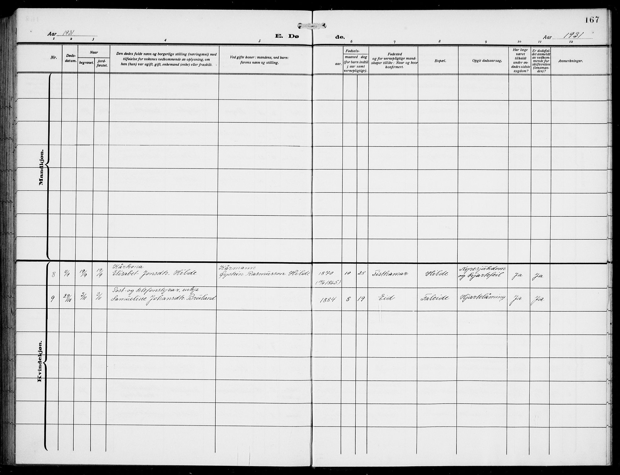 Innvik sokneprestembete, AV/SAB-A-80501: Parish register (copy) no. A 4, 1913-1936, p. 167