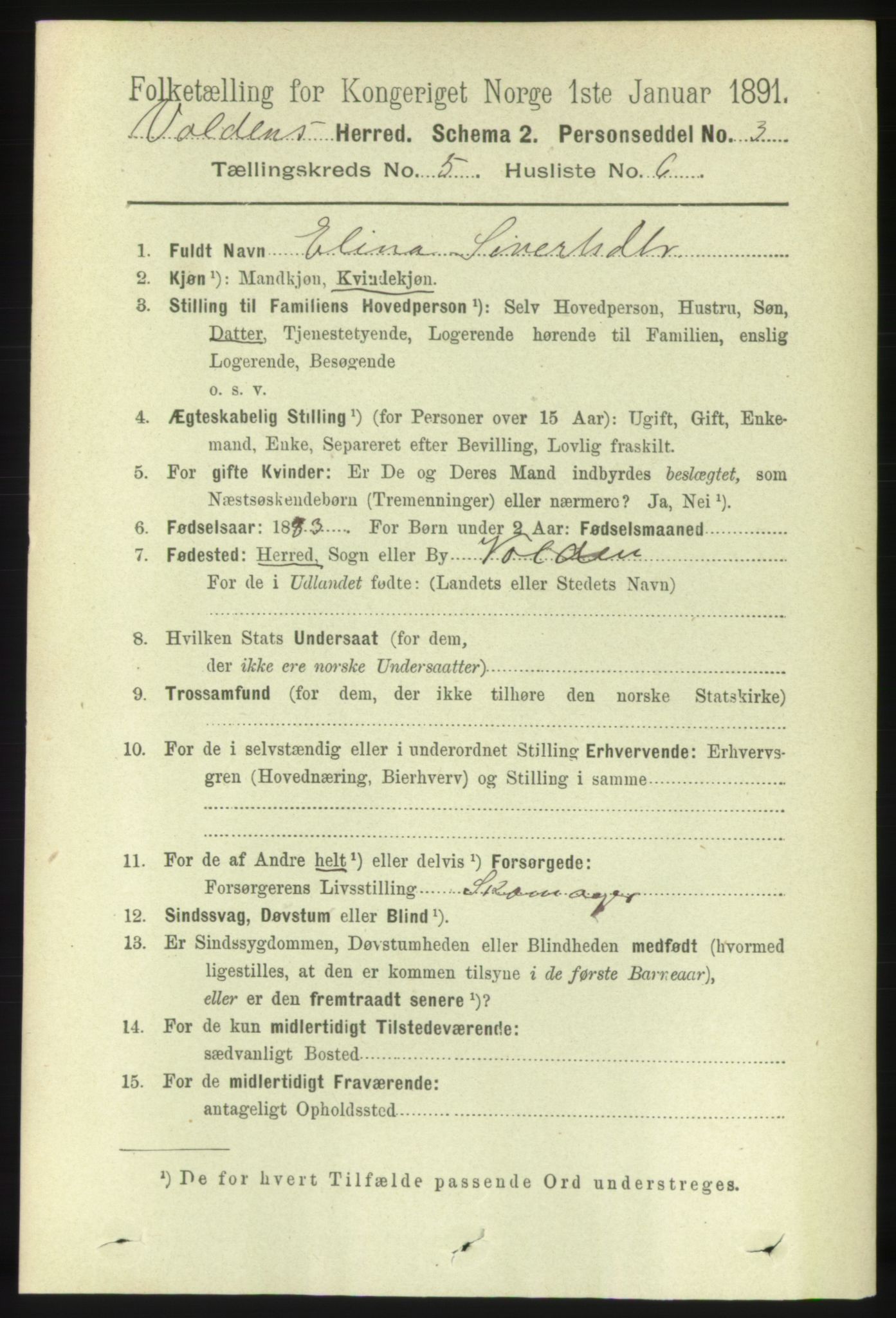 RA, 1891 census for 1519 Volda, 1891, p. 2339