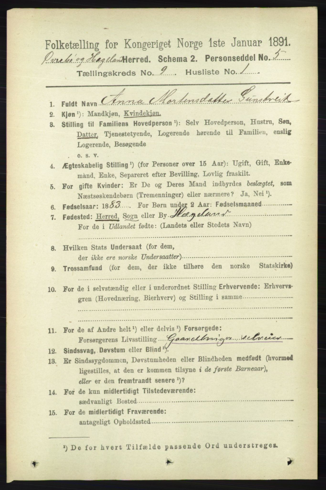 RA, 1891 census for 1016 Øvrebø og Hægeland, 1891, p. 1752