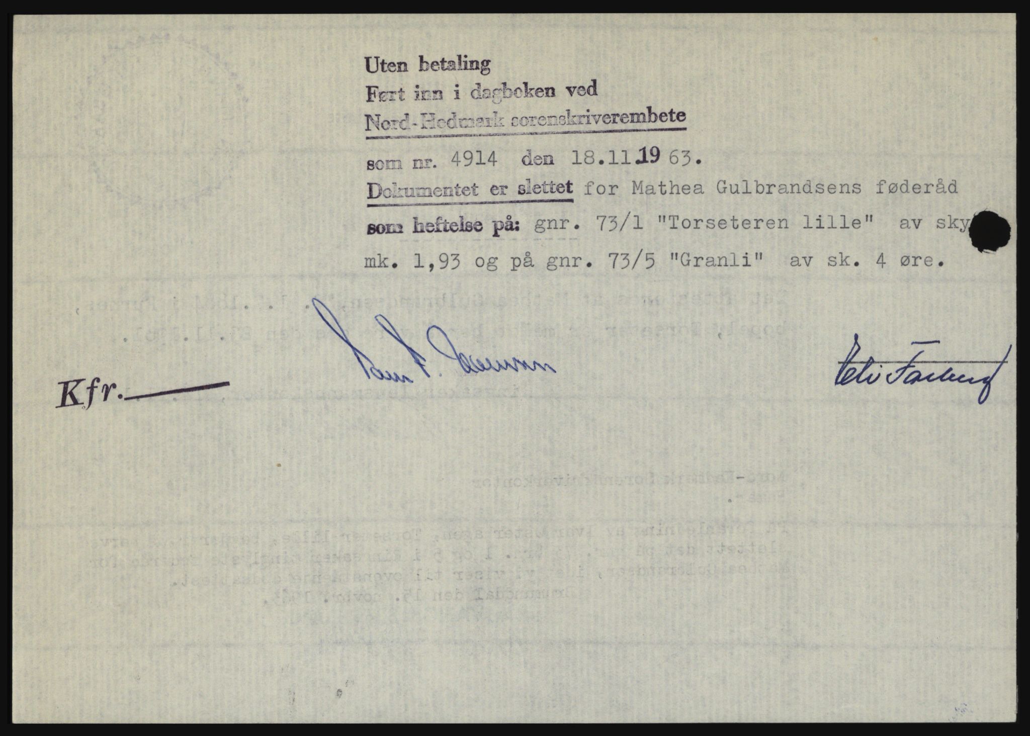 Nord-Hedmark sorenskriveri, SAH/TING-012/H/Hc/L0019: Mortgage book no. 19, 1963-1964, Diary no: : 4914/1963