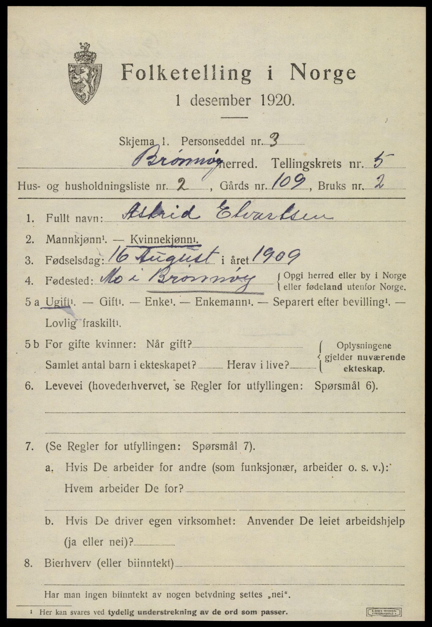 SAT, 1920 census for Brønnøy, 1920, p. 3768