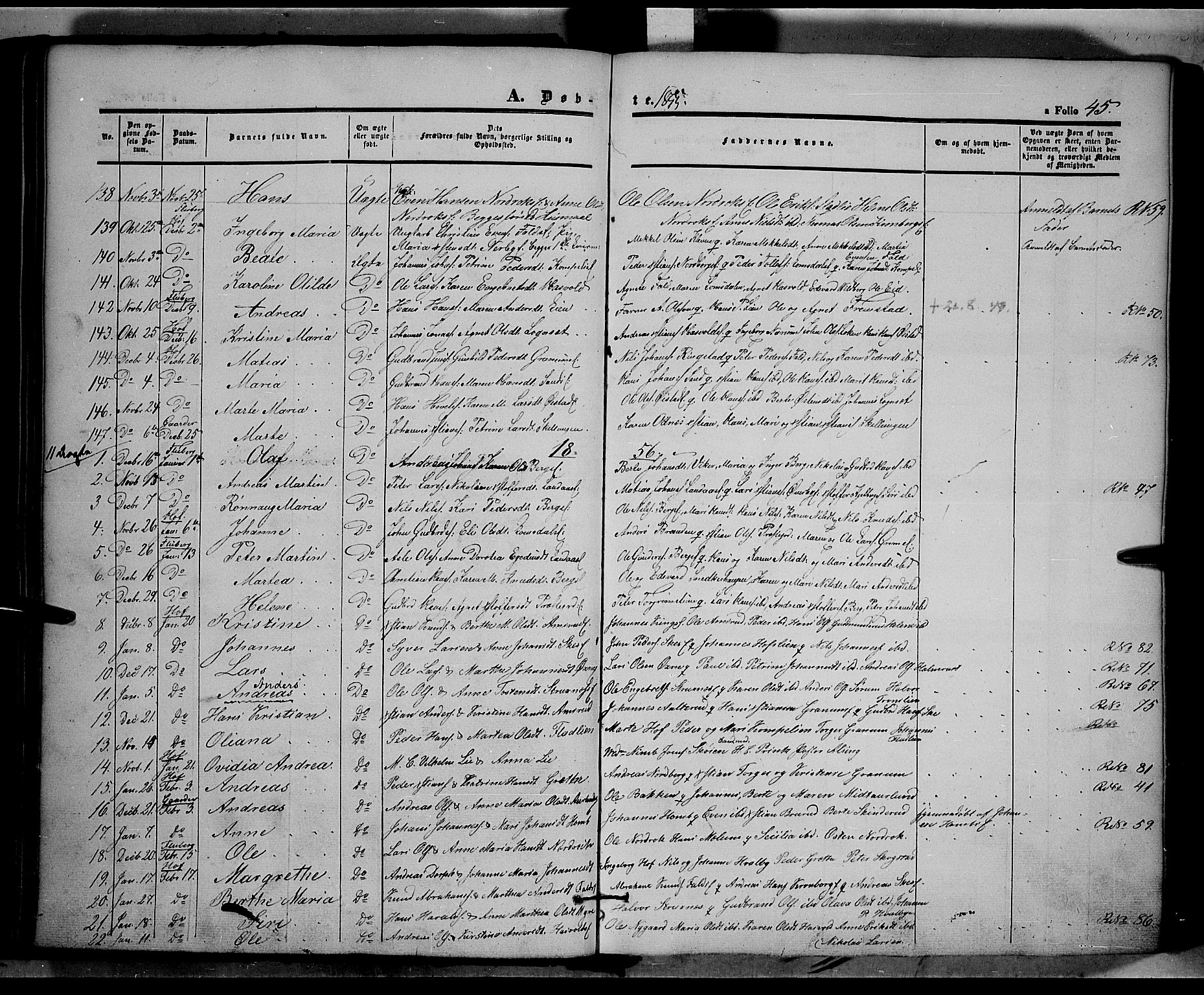 Land prestekontor, SAH/PREST-120/H/Ha/Haa/L0009: Parish register (official) no. 9, 1847-1859, p. 45