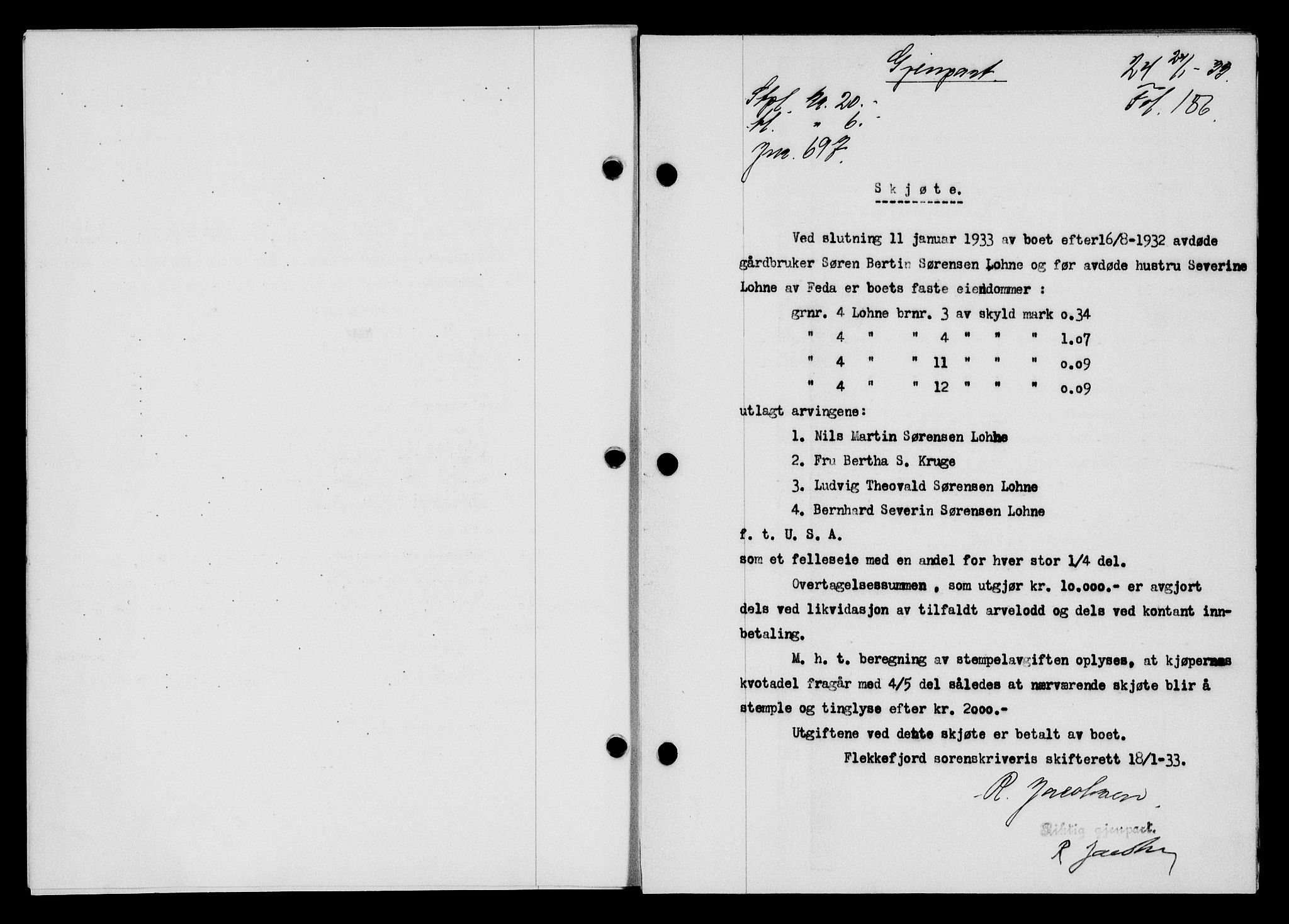 Flekkefjord sorenskriveri, SAK/1221-0001/G/Gb/Gba/L0049: Mortgage book no. 46, 1933-1934, Deed date: 24.01.1933