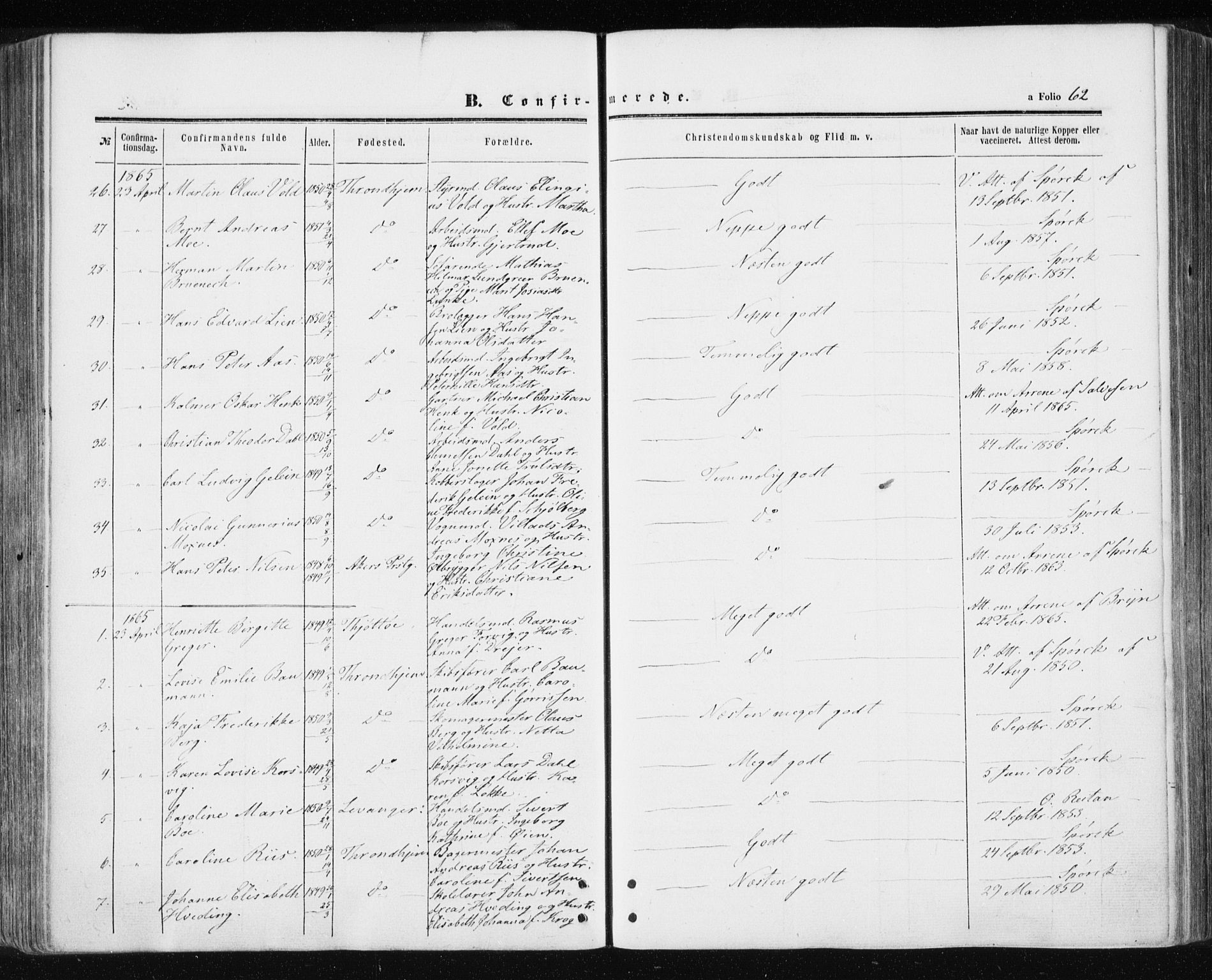 Ministerialprotokoller, klokkerbøker og fødselsregistre - Sør-Trøndelag, AV/SAT-A-1456/601/L0053: Parish register (official) no. 601A21, 1857-1865, p. 62